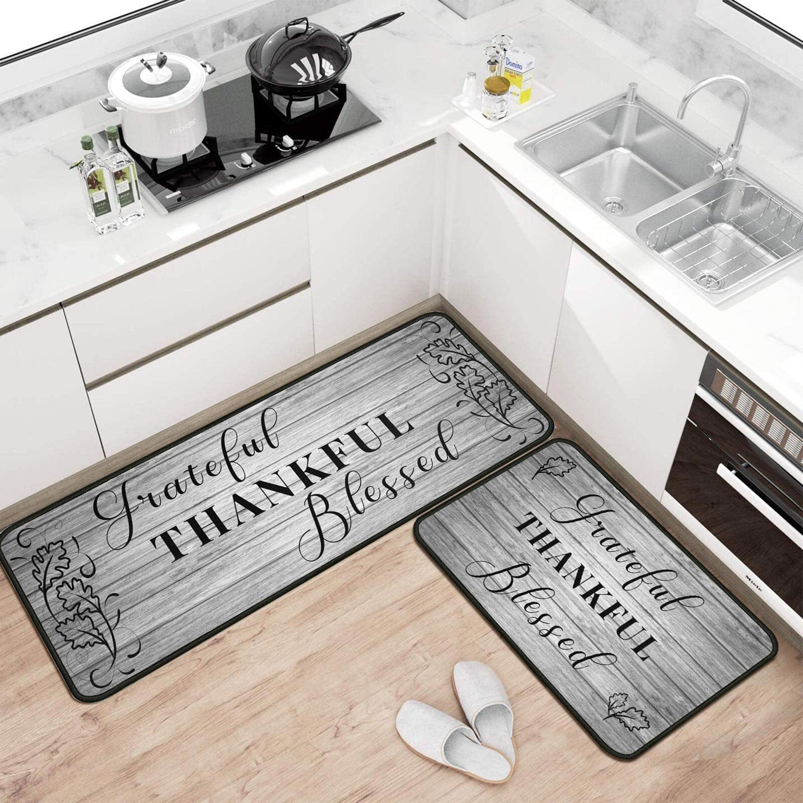 Grateful Thankful Blessed Kitchen Rugs Set Of 2 Grey Non-Slip Kitchen Rug And Mat Cushioned Comfort Kitchen Standing Rug For Kitchen Floor Farmhouse Thanksgiving Decor 17"&quotX47""+17"&quotX30""