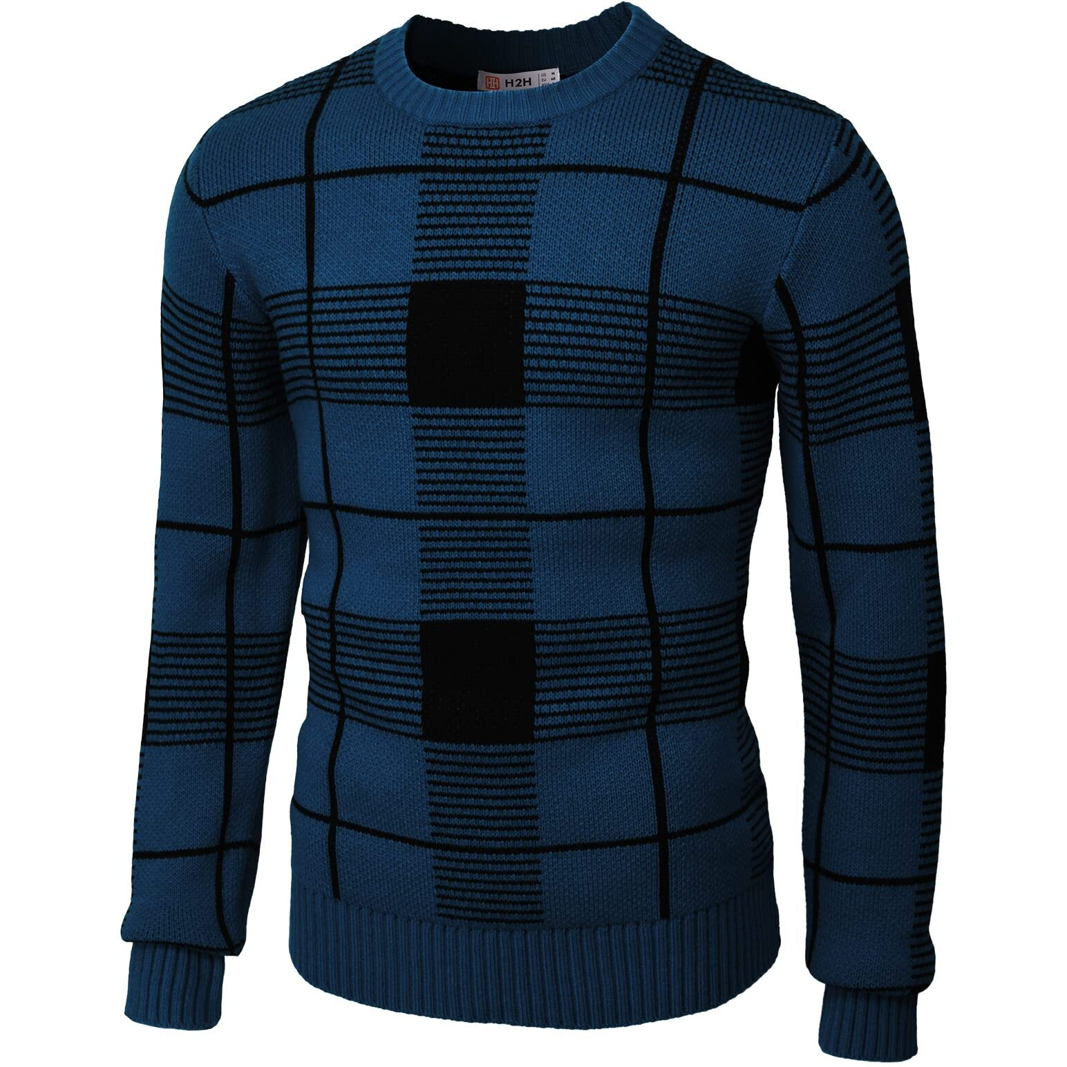 H2H Mens Casual Slim Fit Pullover Knit Sweaters Crew Neck Long Sleeve Plaid Check Patterned Blue Us L/Asia Xl (Cmoswl086)