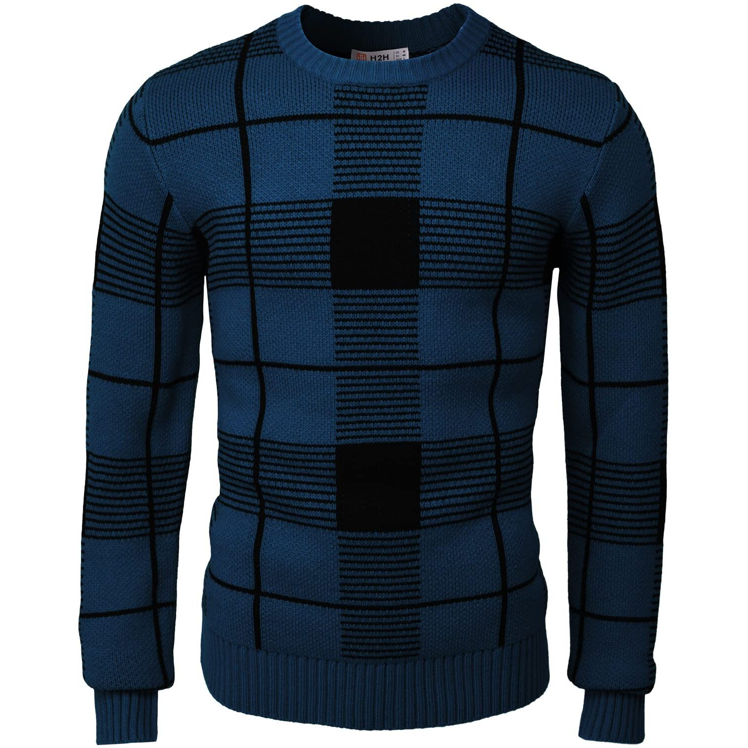 H2H Mens Casual Slim Fit Pullover Knit Sweaters Crew Neck Long Sleeve Plaid Check Patterned Blue Us L/Asia Xl (Cmoswl086)