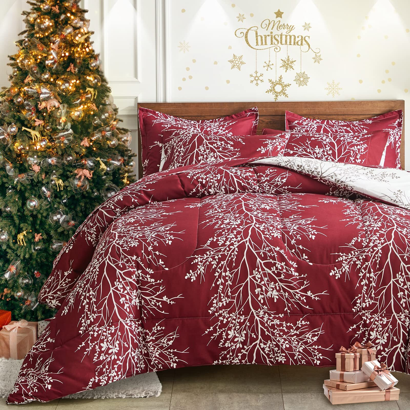 Christmas Bed In A Bag Burgundy Red Comforter Sheet Set 7 Pieces Queen Size All Season Tree Branch Soft Microfiber Bedding Set (1 Comforter 2 Pillow Shams 1 Flat Sheet 1 Fitted Sheet 2 Pillowcases)
