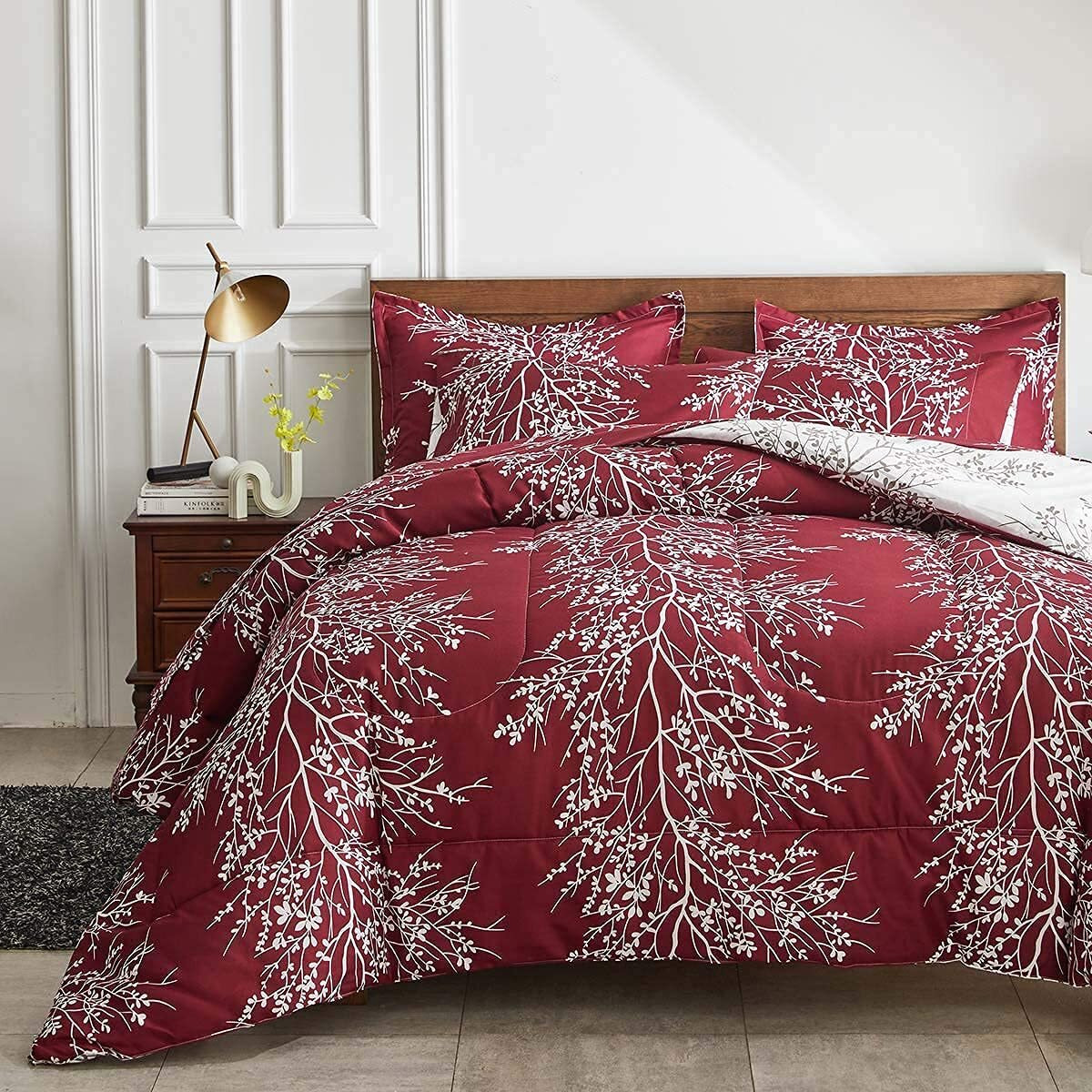 Christmas Bed In A Bag Burgundy Red Comforter Sheet Set 7 Pieces Queen Size All Season Tree Branch Soft Microfiber Bedding Set (1 Comforter 2 Pillow Shams 1 Flat Sheet 1 Fitted Sheet 2 Pillowcases)