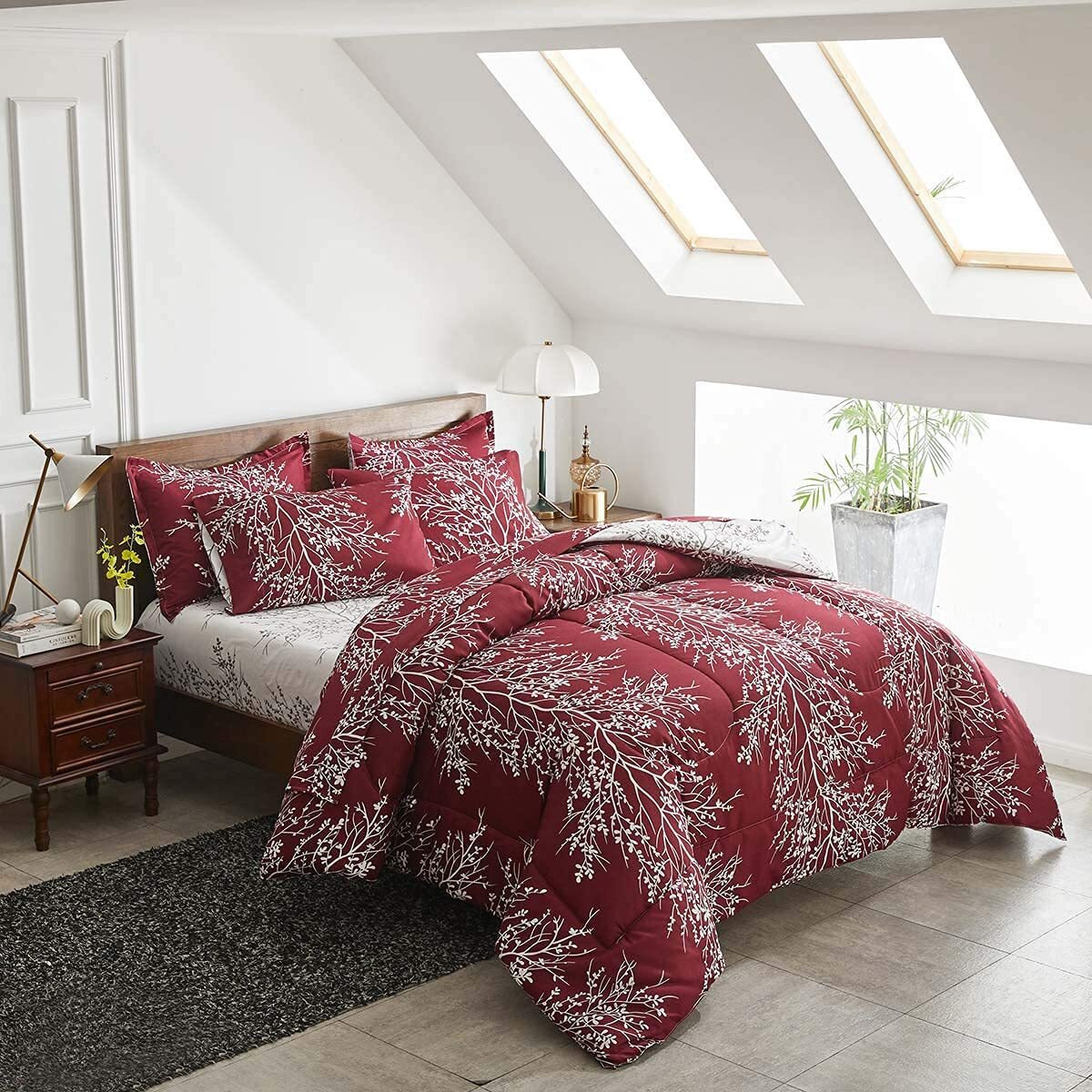 Christmas Bed In A Bag Burgundy Red Comforter Sheet Set 7 Pieces Queen Size All Season Tree Branch Soft Microfiber Bedding Set (1 Comforter 2 Pillow Shams 1 Flat Sheet 1 Fitted Sheet 2 Pillowcases)