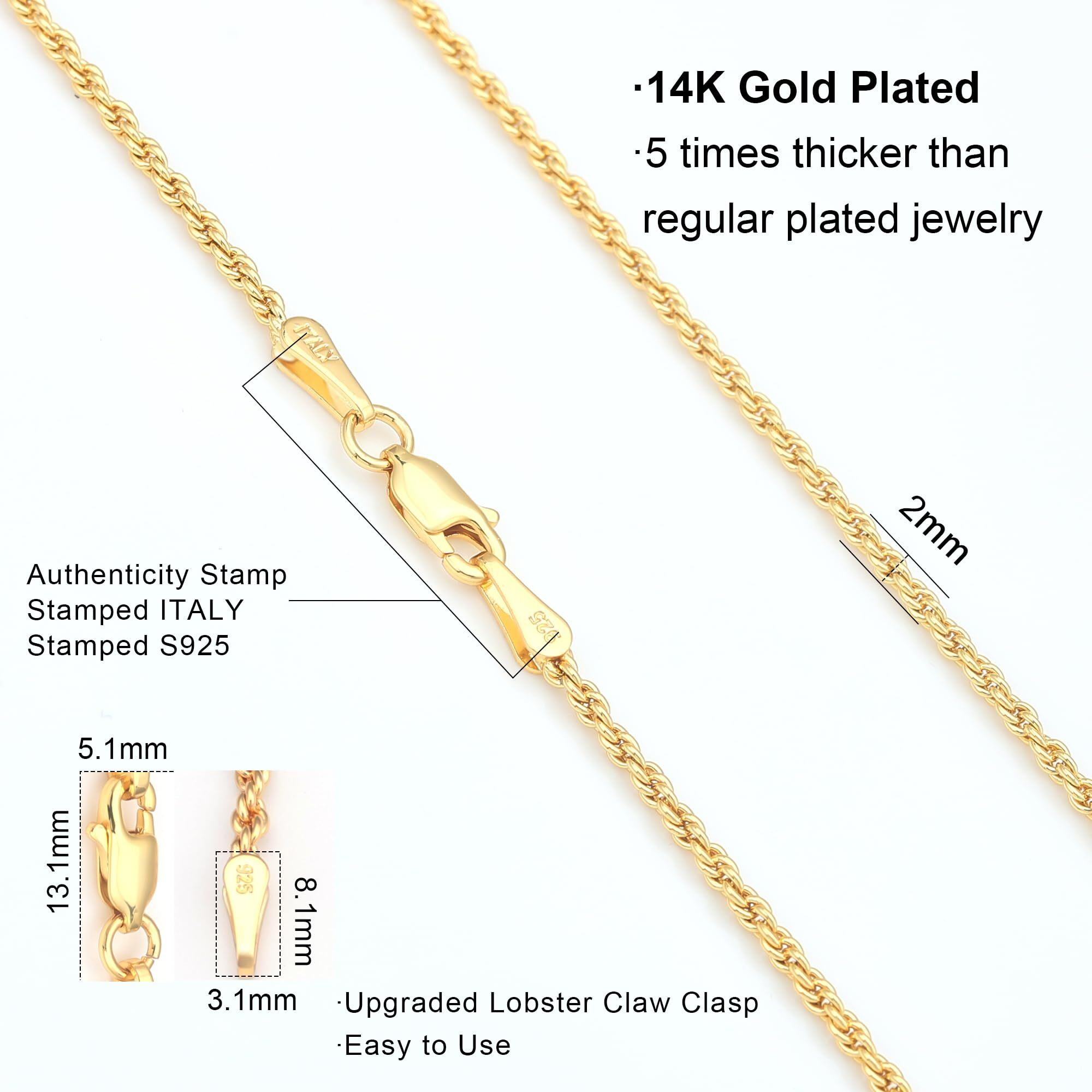 Waitsoul 925 Sterling Silver Rope Chain Lobster Clasp 2Mm 18K Gold Chain Necklace For Men Women Necklace Chain 22 Inch