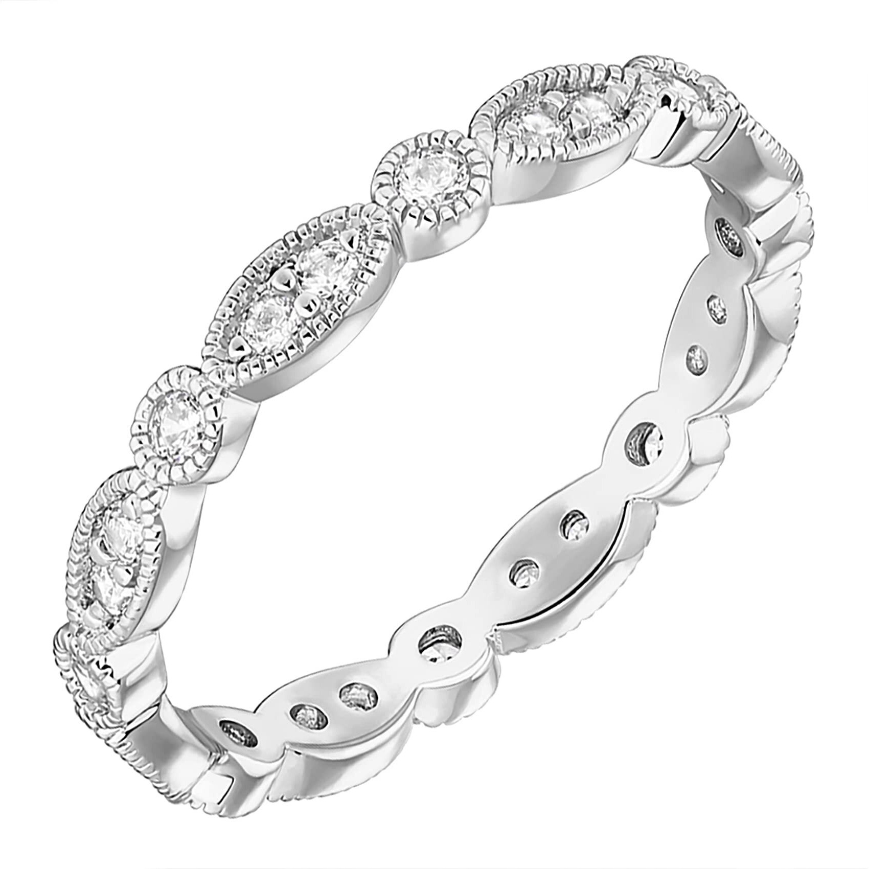 Pavoi 14K White Gold Plated Rings Cubic Zirconia Band | Round Milgrain Eternity Bands | White Gold Rings For Women Size 7