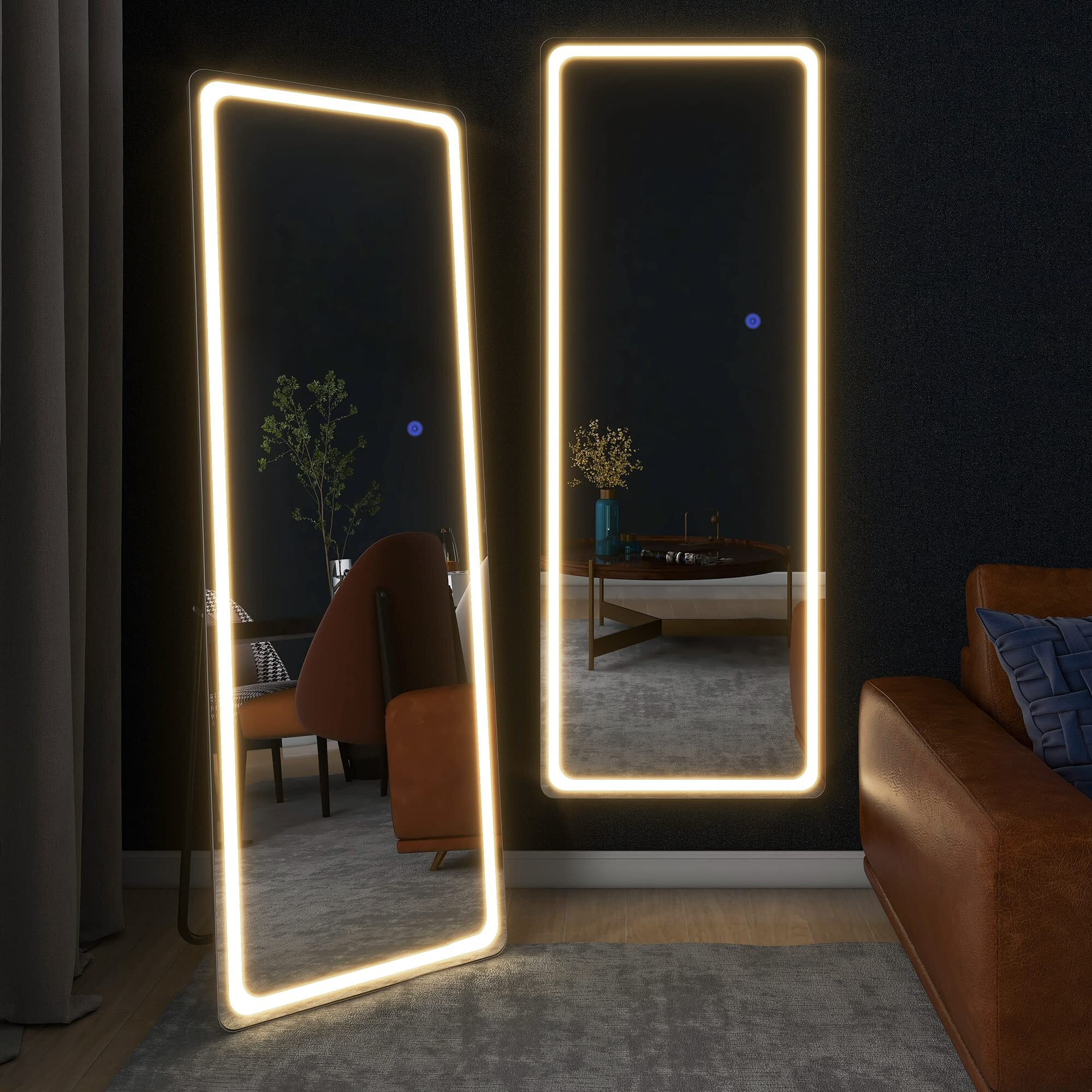 Neutype Full Length Mirror With Lights, 63 "&quotX20 "" Lighted Floor Mirror With Stand Full Body Mirror With Touch Button And Plug, Dimmable 3 Lighting For Bedroom Living Room, Round Corner, Silver