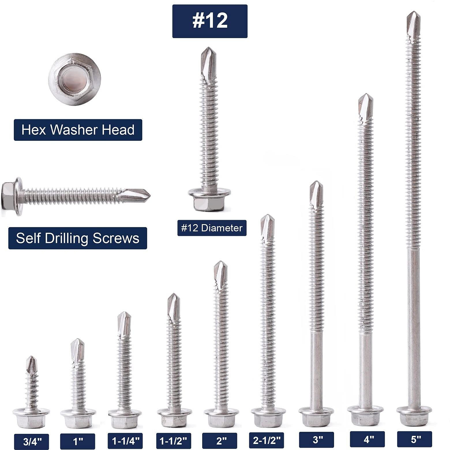 12 X 2"" Sheet Metal Screws 100Pcs 410 Stainless Steel Hex Washer Head Fast Self Tapping Screws By Sg Tzh