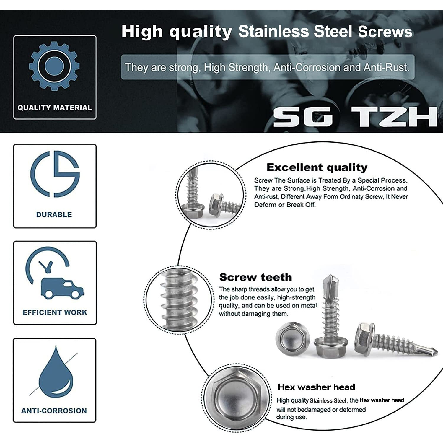 12 X 2"" Sheet Metal Screws 100Pcs 410 Stainless Steel Hex Washer Head Fast Self Tapping Screws By Sg Tzh