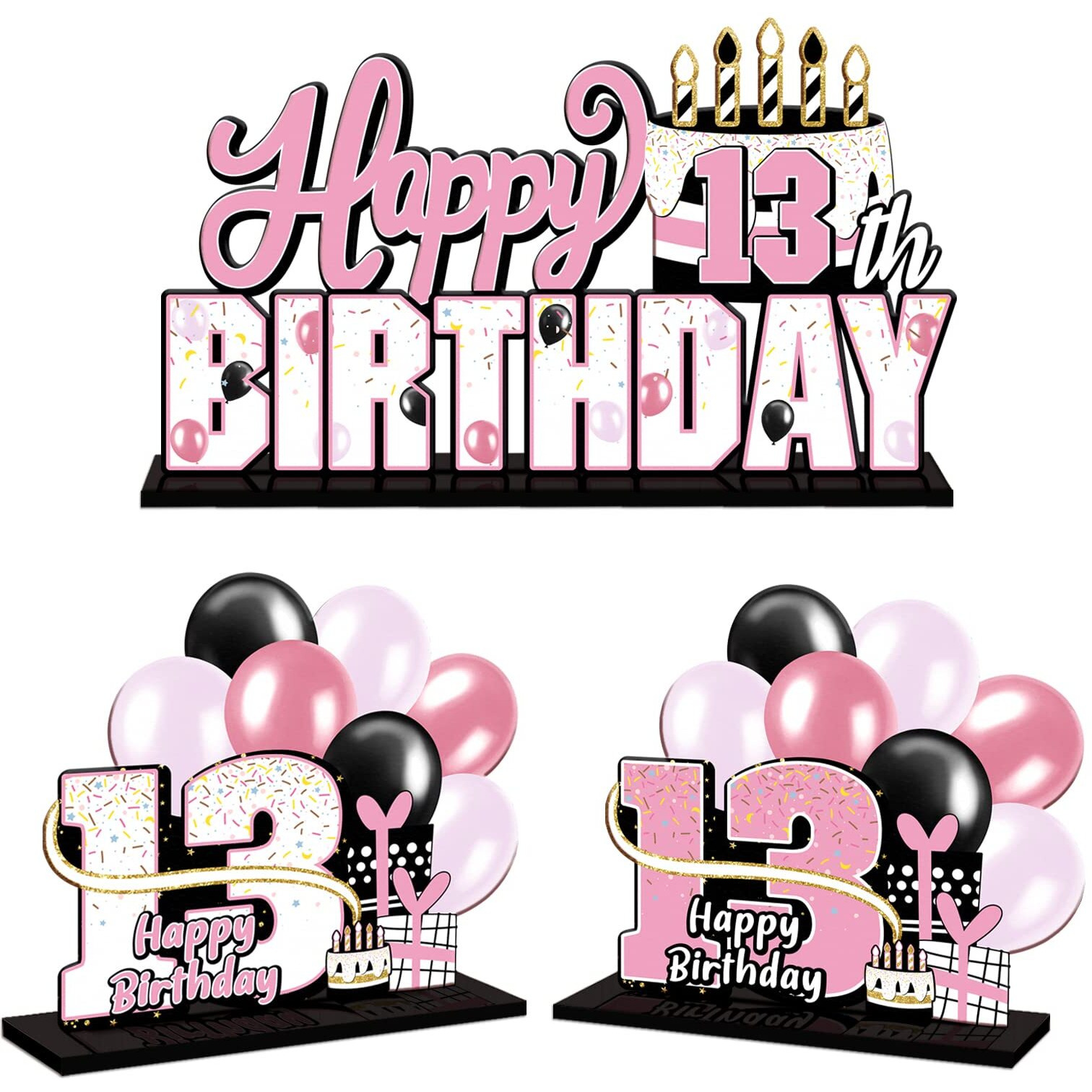 Lingteer Happy 13Th Birthday Pink Acrylic Table Topper Centerpieces Set - Cheers To 13 Years Old Birthday Thirteen Bday Party Gift Decorations.