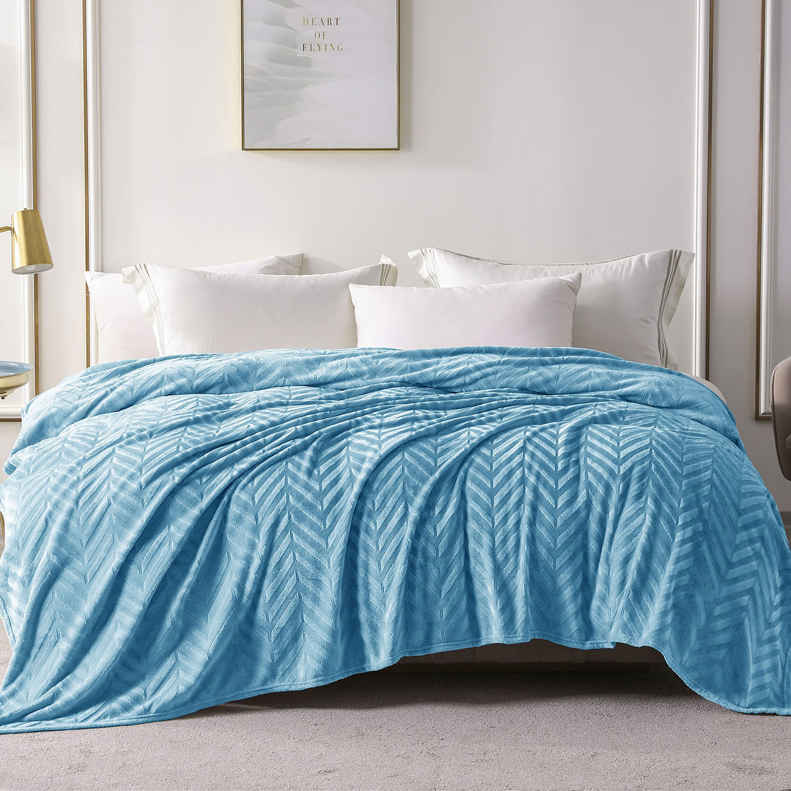 Whale Flotilla Flannel Fleece Queen Size Bed Blanket, Soft Velvet Lightweight Bedspread Plush Fluffy Coverlet Chevron Design Decorative Blanket For All Season, 90X90 Inch, Stone Blue