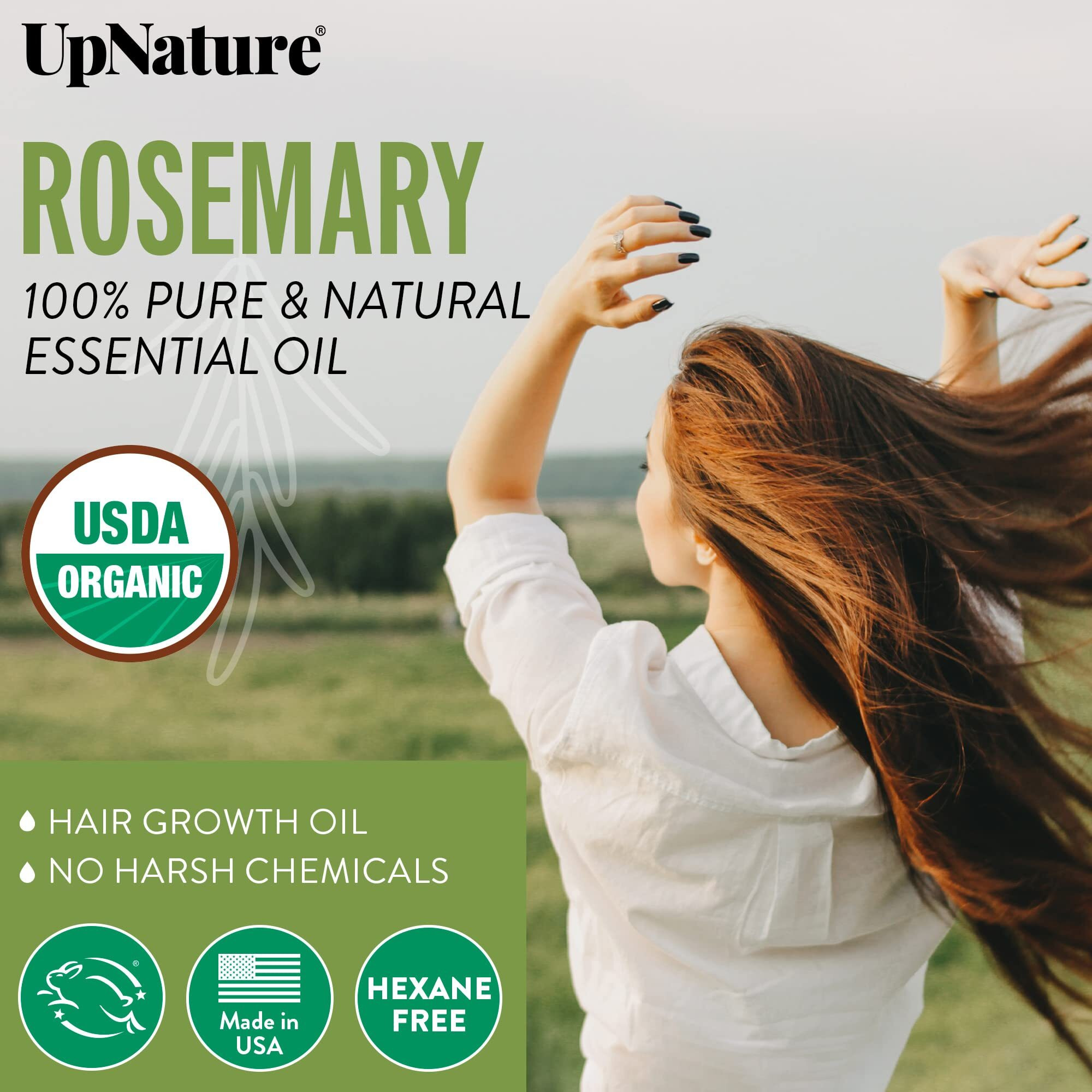 Upnature Organic Rosemary Essential Oil - Usda Certified Organic, 100% Pure Rosemary Oil For Hair Growth, Nourishing Scalp Strengthening Hair Oil - Stimulates Healthy Hair Growth, Skin & Nails, 2Oz
