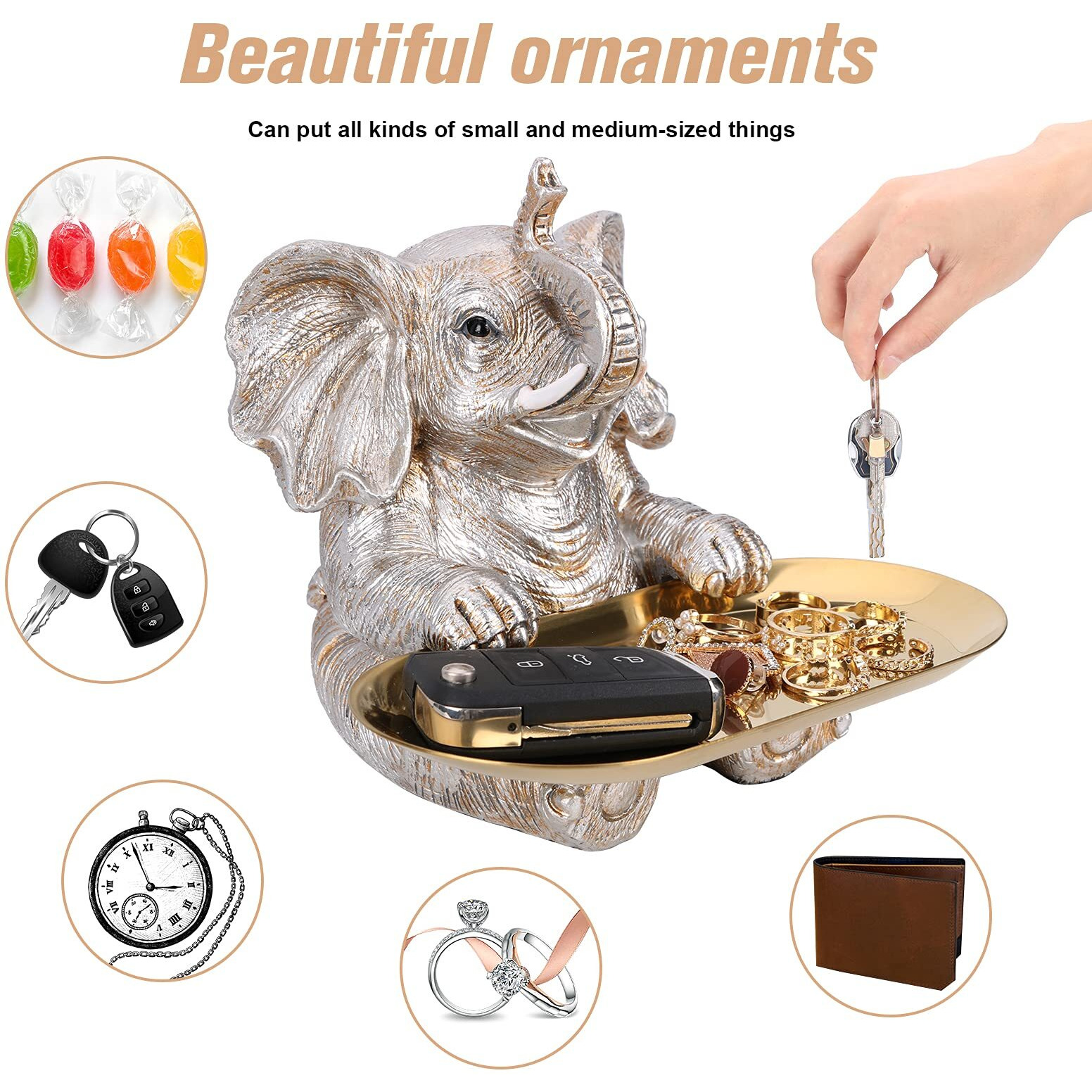Silver Elephant Statue For Home Decor Accents Living Room Bookshelf Tv Stand Office. Trinket Dish. Retirement Appreciation Gift -Gift For Mom Boss Co-Workers, Teachers, Nurse, Friends, Wife, Sister