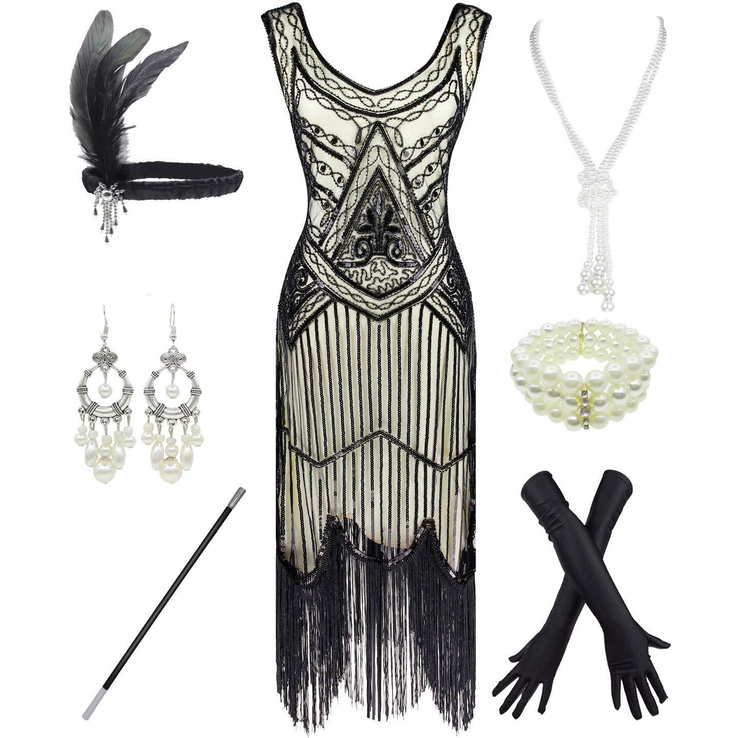 1920S Gatsby Sequin Fringed Paisley Flapper Dress With 20S Accessories Set (L, Style Snow Black)