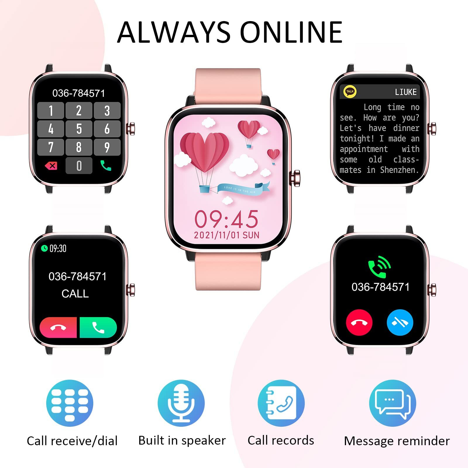 Smart Watch For Women(Call Receive/Dial), Smartwatch For Android Phones And Iphone Compatible, Fitness Tracker 1.69"" Full Touch Color Screen Ip67 Waterproof With Heart Rate Monitor Sleep Tracker, Pink