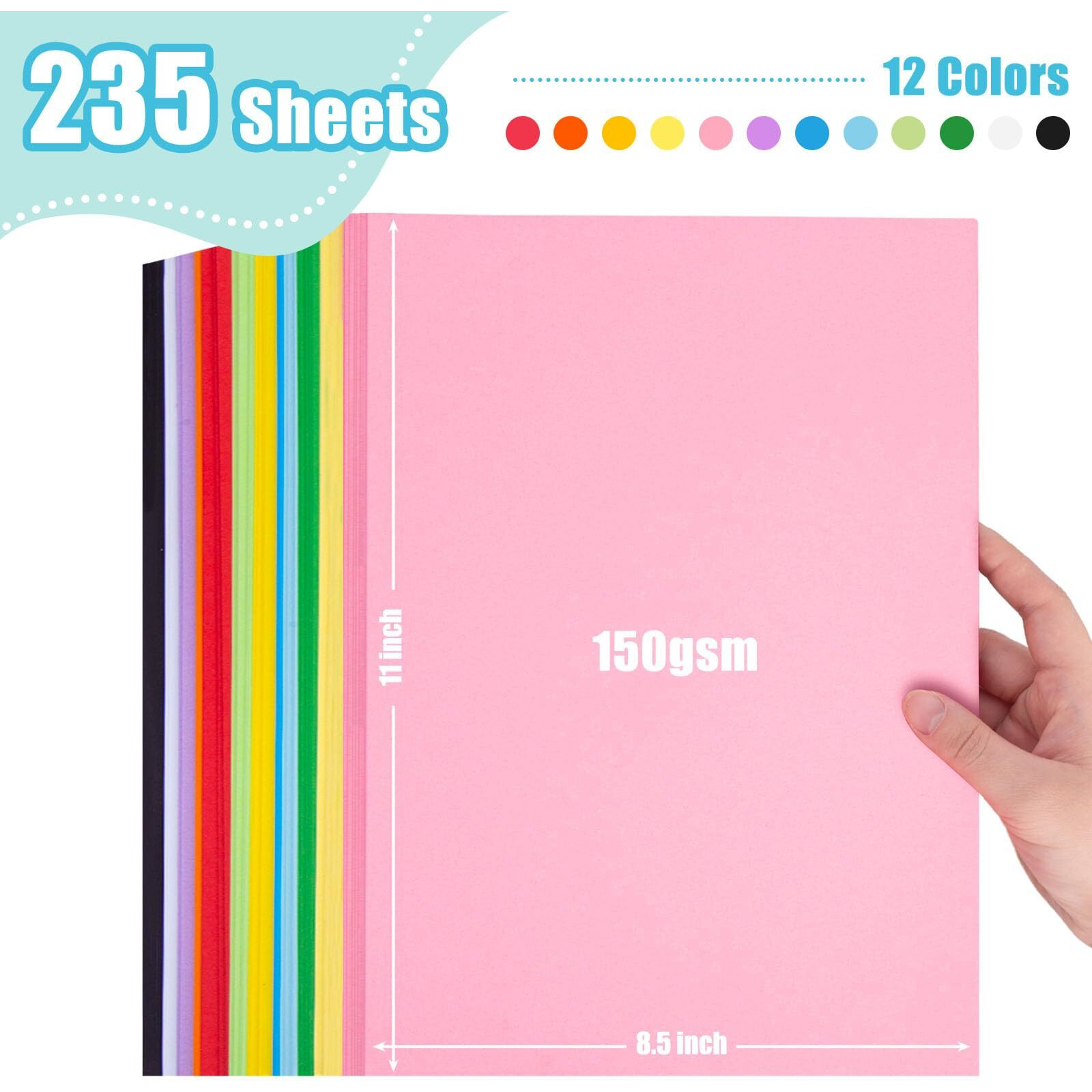3 Otters 235 Sheets Colored Cardstock Paper Bulk, 150Gsm Construction Paper Assorted Colors, Kids School Supplies