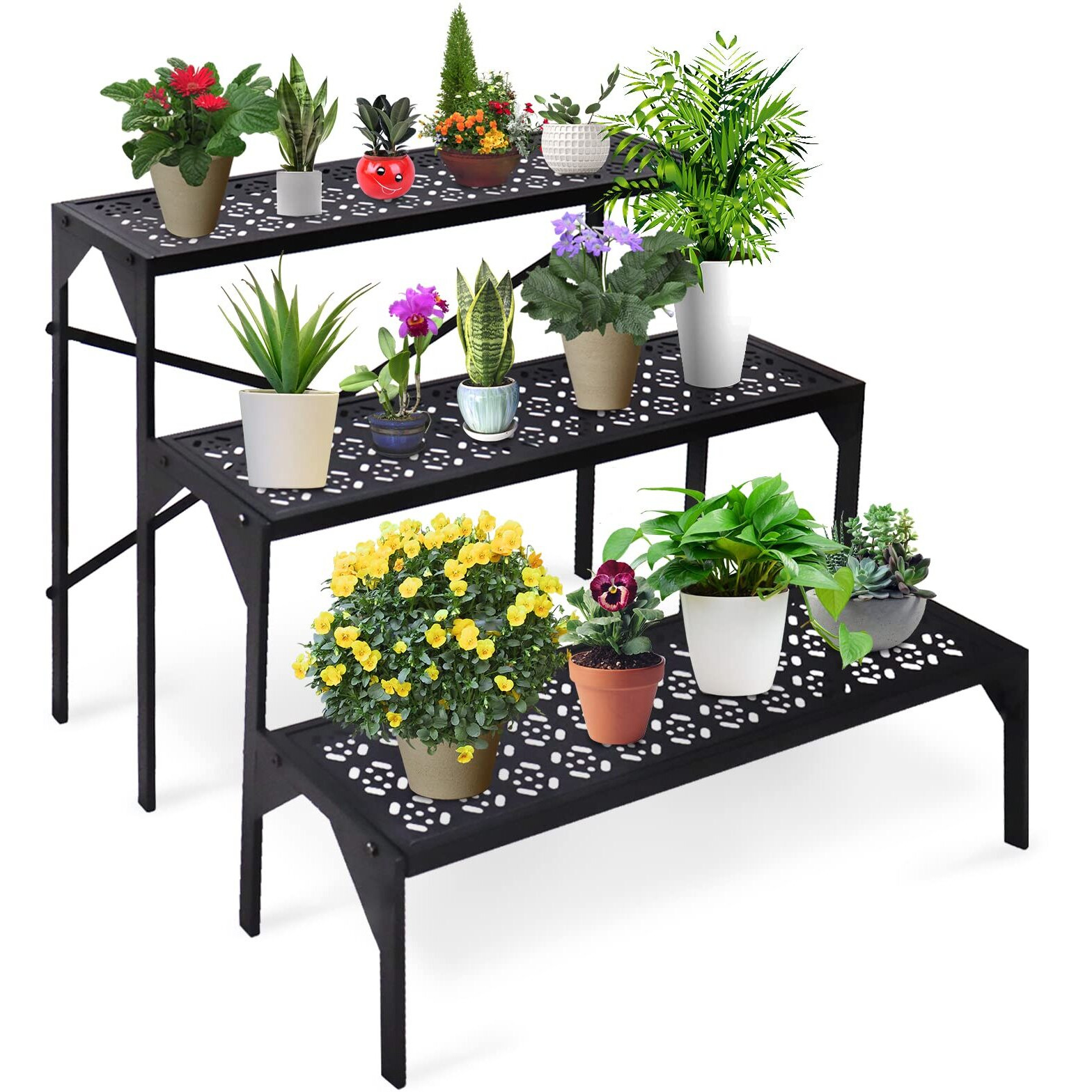 Aboxoo 3 Tiers Metal Plant Stand, Ladder Flower Pots Holders, 3 Tiers Step Plant Display Rack, Heavy Duty Utility Storage Organizer Rack For Home Garden Patio Balcony, Stair Style Plant Stand