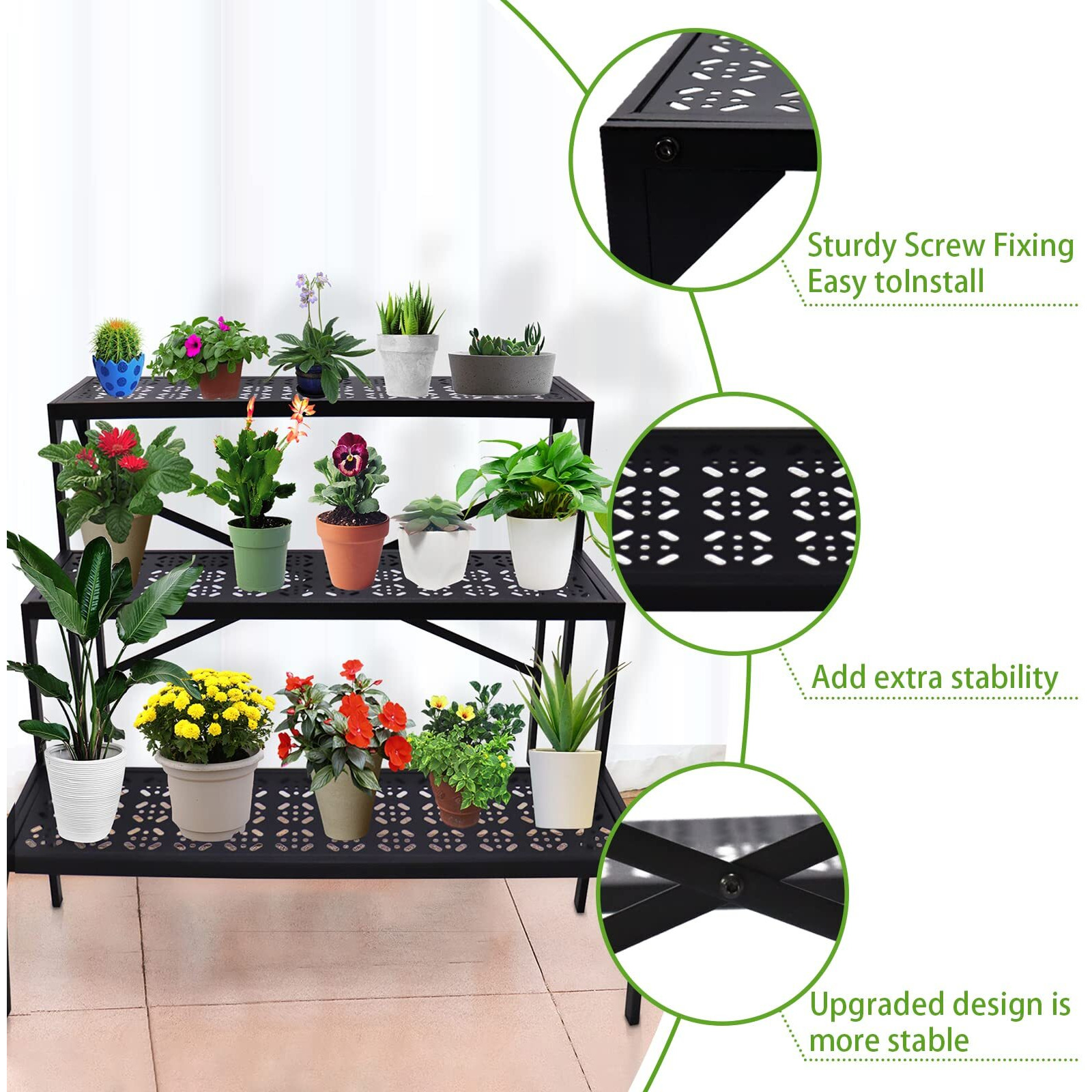 Aboxoo 3 Tiers Metal Plant Stand, Ladder Flower Pots Holders, 3 Tiers Step Plant Display Rack, Heavy Duty Utility Storage Organizer Rack For Home Garden Patio Balcony, Stair Style Plant Stand