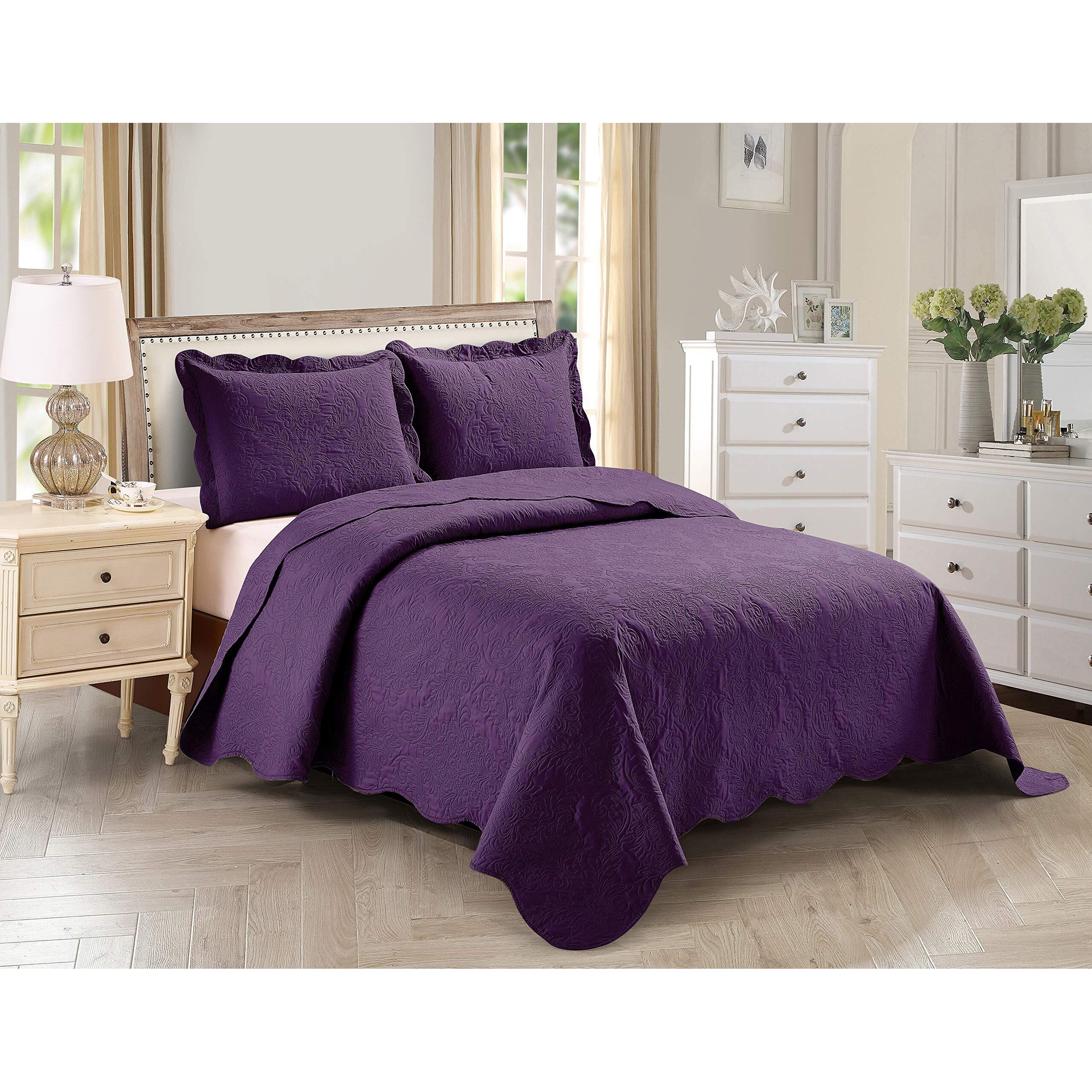 Home Collection 3Pc Kingcal King Over Size Elegant Embossed Bedspread Set Light Weight Solid Dark Purple New