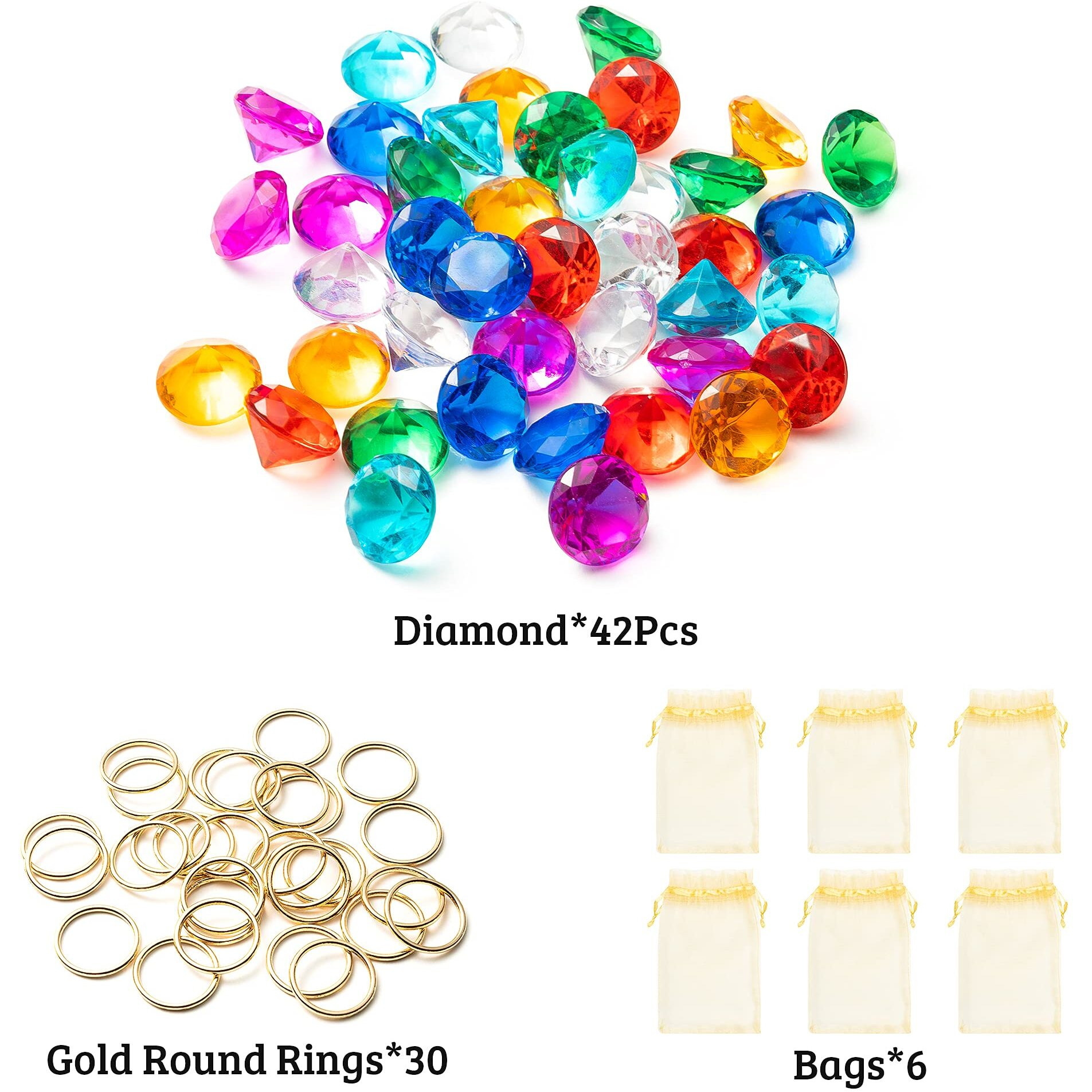 Pantide 78Pcs Acrylic Diamond Gems Jewels Alloy Gold Round Ring Set The Blue Hedgehog Chaos Emeralds Power Rings Party Favor Supplies Cake Decoration Pirate Treasure Chest Hunt With Bag