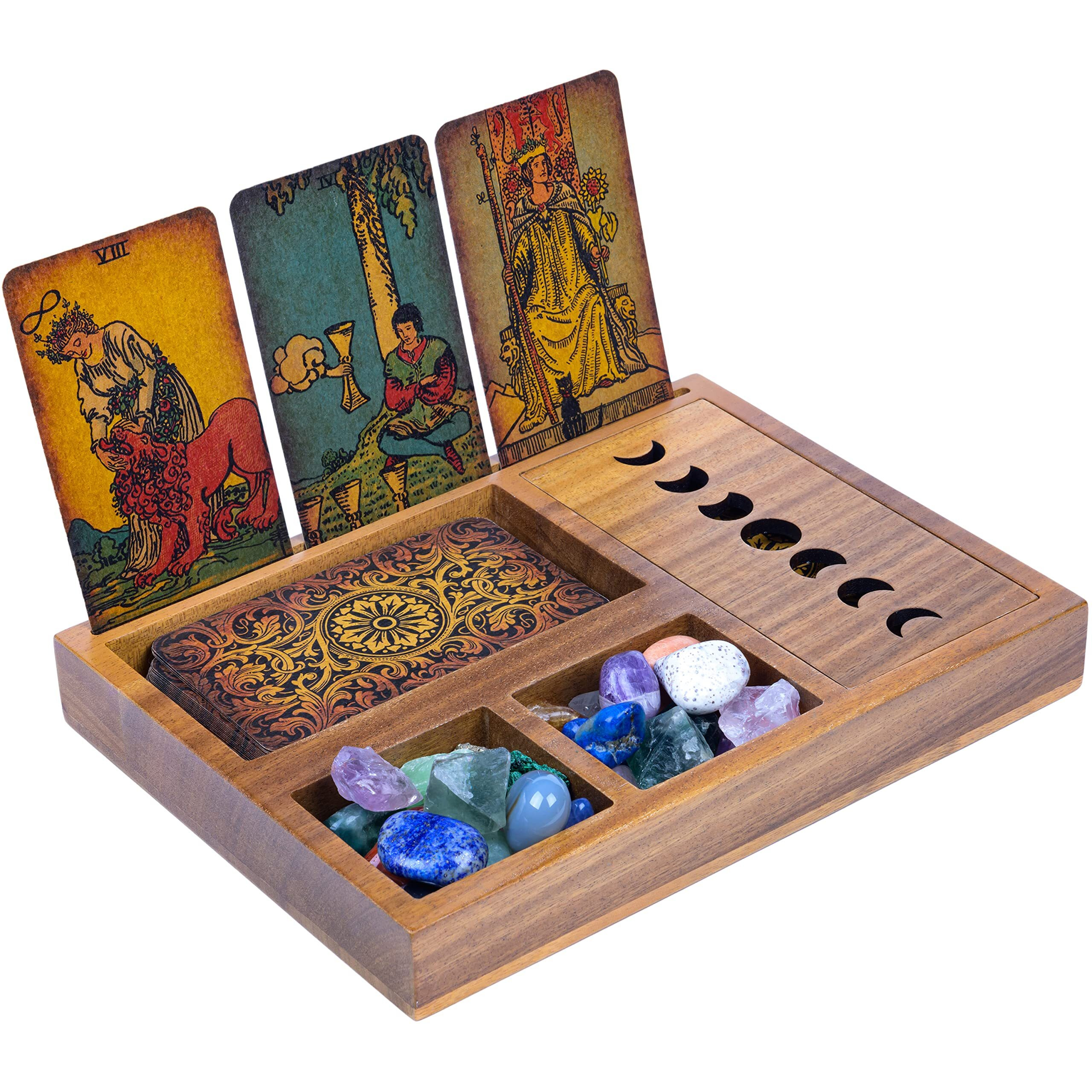 Curawood Tarot Card Holder Box For More Immersive Readings - 3 Tarot Card Stand & Crystal Holder - Moon Phase Design Tarot Display Deck Holder & Crystal Tray - Witchcraft Decor - Wiccan Altar Supplies