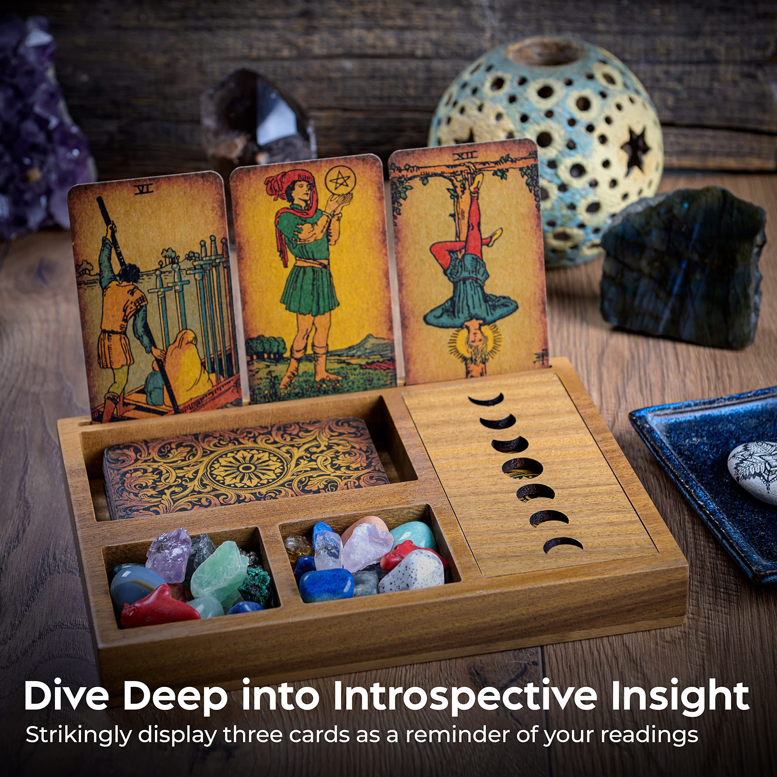 Curawood Tarot Card Holder Box For More Immersive Readings - 3 Tarot Card Stand & Crystal Holder - Moon Phase Design Tarot Display Deck Holder & Crystal Tray - Witchcraft Decor - Wiccan Altar Supplies