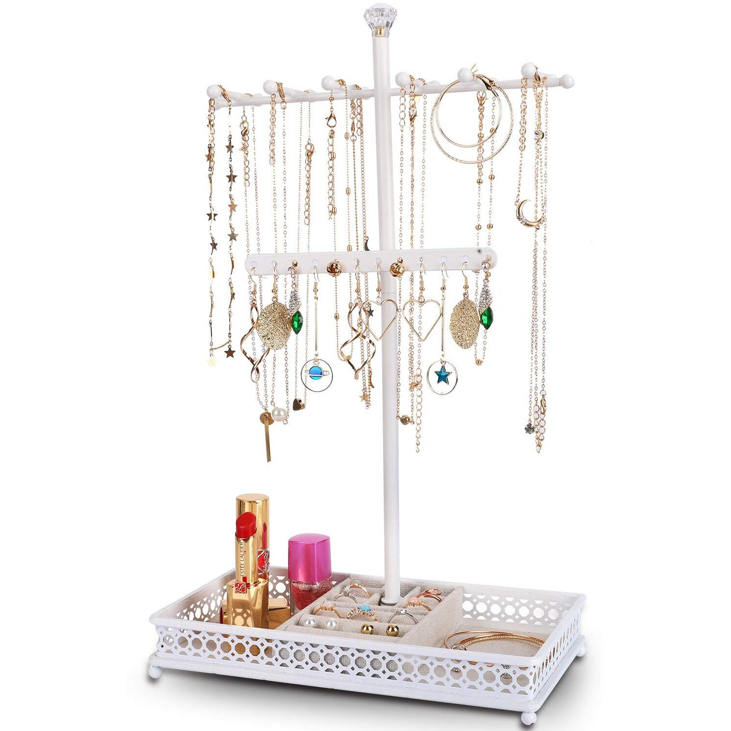 Meangood Jewelry Tree Stand Organizer 3In1 Necklace Organizer Display Bracelet Earrings And Ring Tray Jewelry Holder Hanger Metal(White)