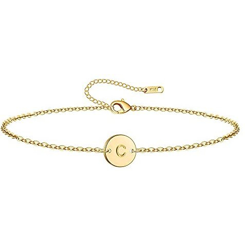 Ovian Initial Charm Bracelet For Women 18K Gold Plated Stainless Steel Coin Disc Engraved Letter C Bracelet Personalized Monogram Name Bracelet For Girls