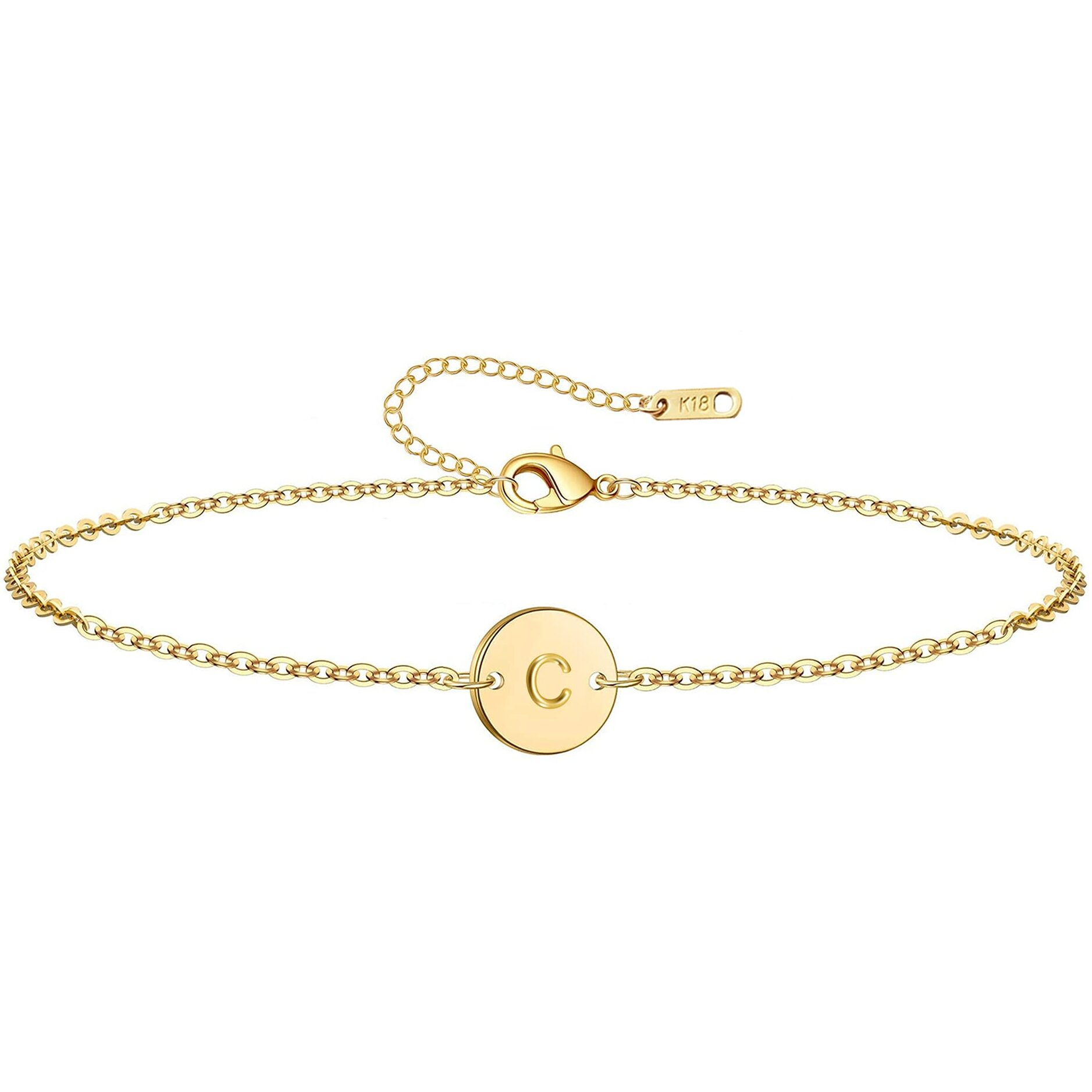 Ovian Initial Charm Bracelet For Women 18K Gold Plated Stainless Steel Coin Disc Engraved Letter C Bracelet Personalized Monogram Name Bracelet For Girls