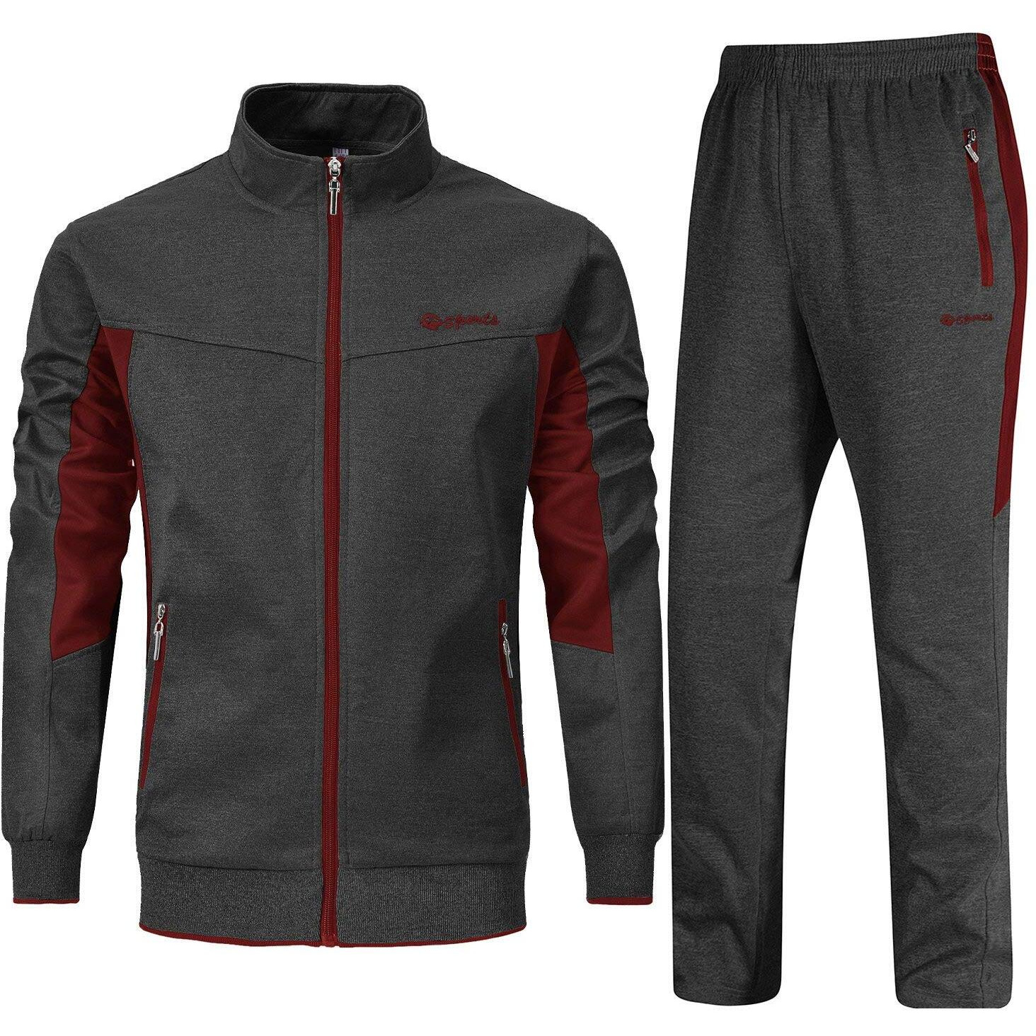 Rdruko Men's 2 Piece Track Suits Athletic Outfit Full Zip Jogging Sweatsuit(Gray+Red, Us Xl)