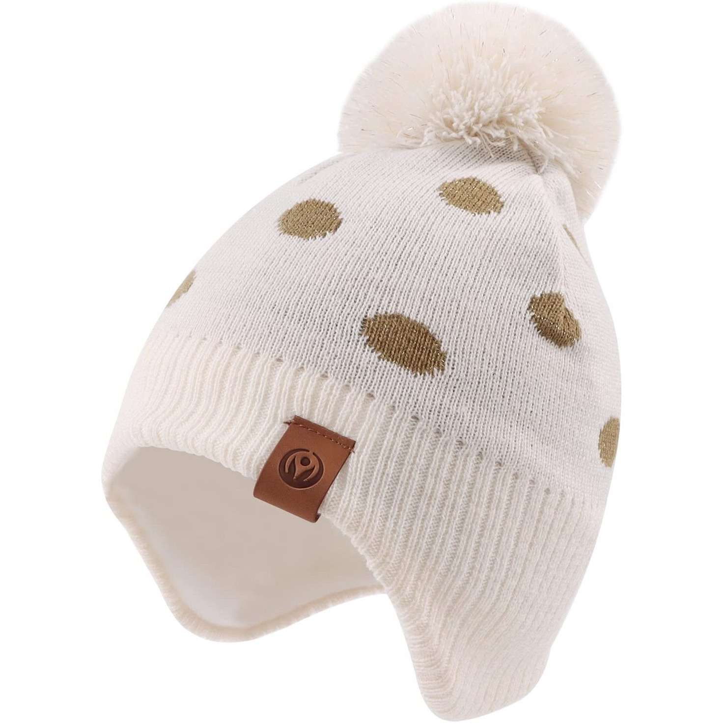 Knitted Baby Hat Scarf Set Winter Warm Boys Girls Beanie Fleece Lining Toddler Kids Hat With Pompom (Beige Dots Hat, M)