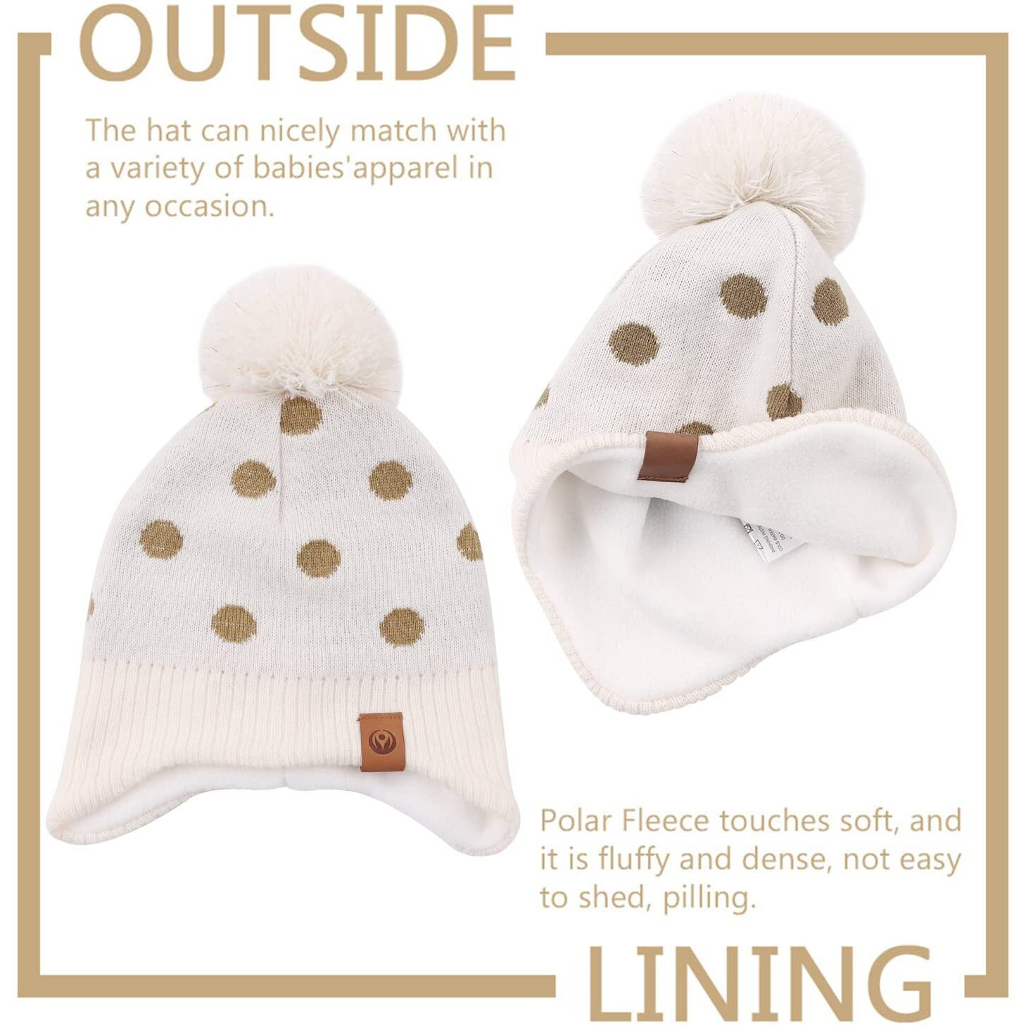 Knitted Baby Hat Scarf Set Winter Warm Boys Girls Beanie Fleece Lining Toddler Kids Hat With Pompom (Beige Dots Hat, M)