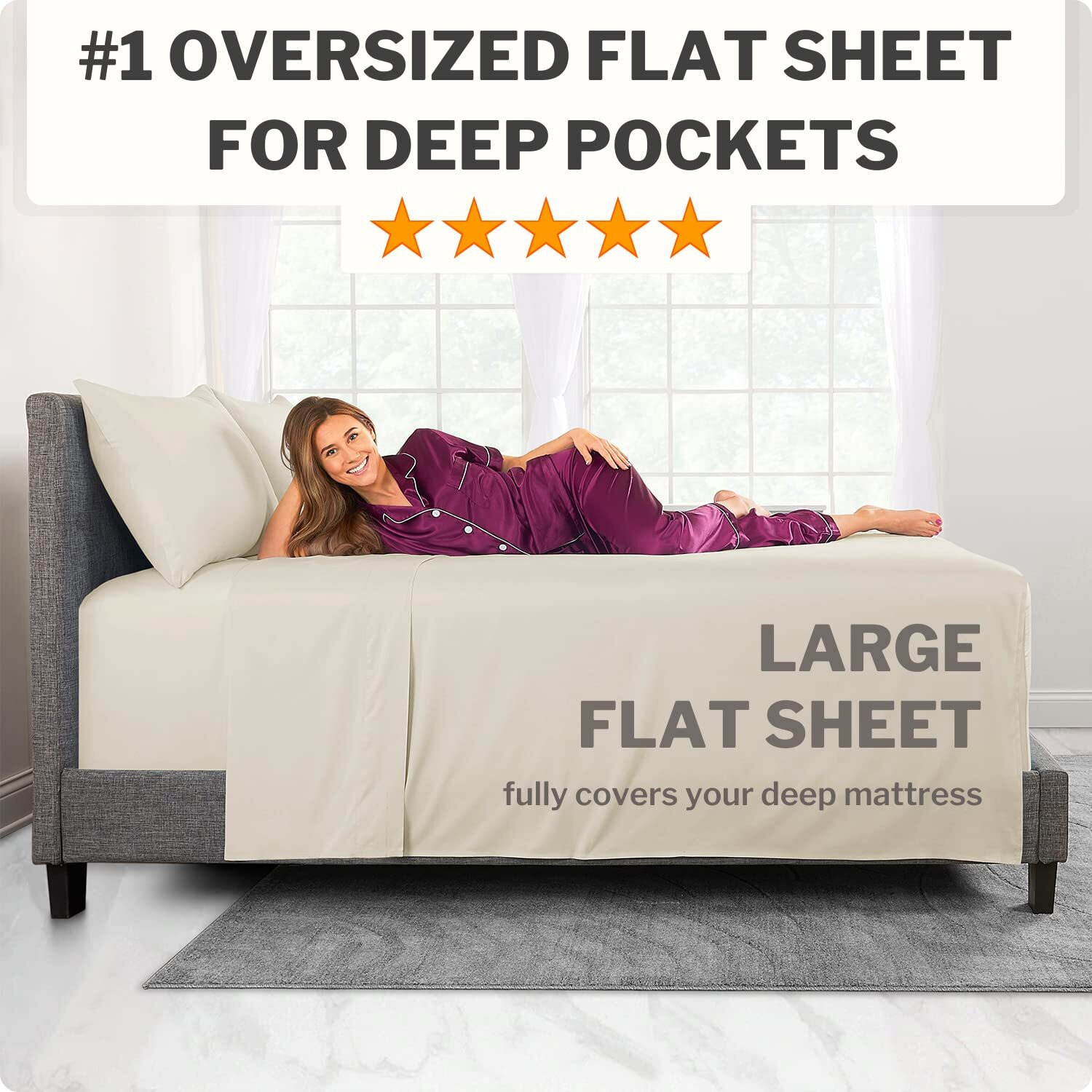 Extra Deep Pocket King Bed-Sheets - 4-Piece Includes 18   -21    Inch Super Extra Deep Pocket Fitted Sheet - Oversize Flat Sheet - 2 Zipper Closure Pillowcases - Perfectly Fit - King Size - Beige Cream