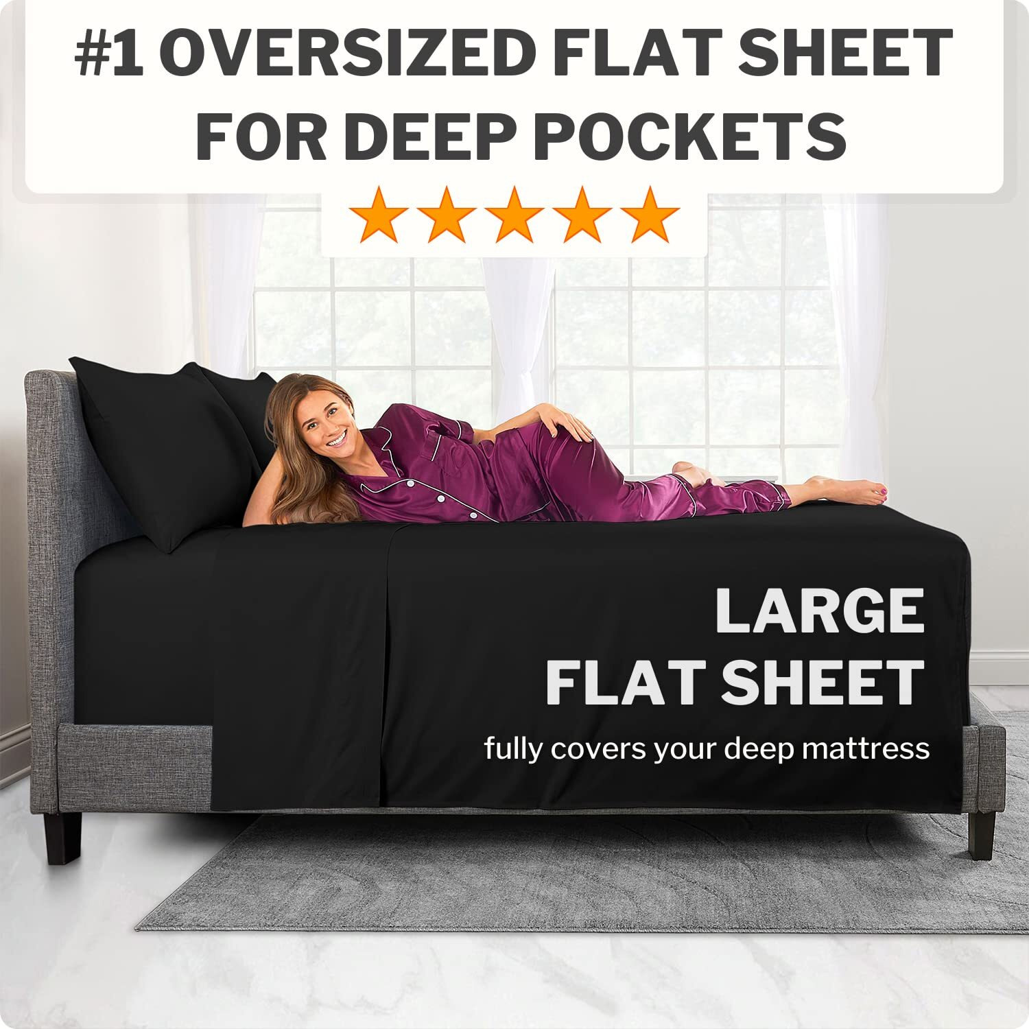 King Size Sheets Set - Sheets For King Size Bed Deep Pocket King Size Sheets - King Size Bed Sheets - Real 16    Deep Pockets Fitted Sheet - Oversize Flat Sheet - 2 Zipper Closure Pillowcases - Black