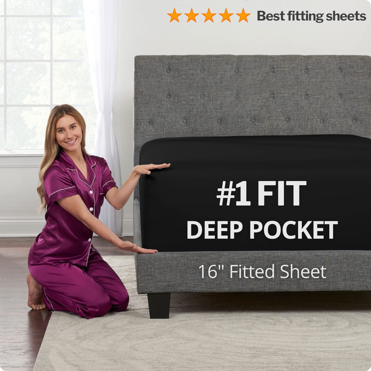 King Size Sheets Set - Sheets For King Size Bed Deep Pocket King Size Sheets - King Size Bed Sheets - Real 16    Deep Pockets Fitted Sheet - Oversize Flat Sheet - 2 Zipper Closure Pillowcases - Black