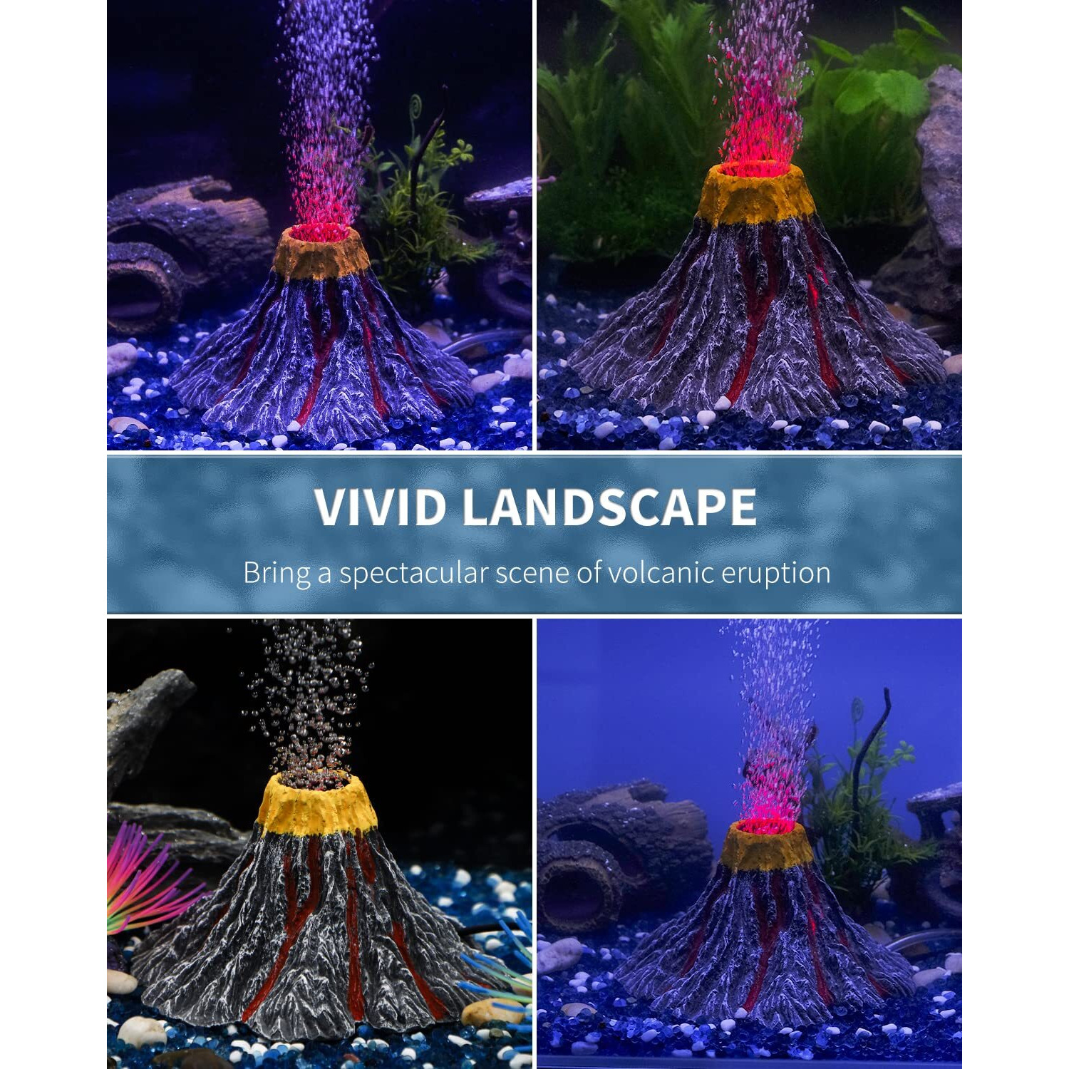 Uniclife Aquarium Volcano Ornament Kit Realistic Resin Volcanic Decoration With Air Stone Bubbler Red Led Light Decor For Fish Tank Landscape Addition And Oxygenation