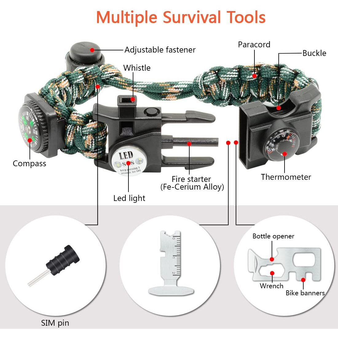 Nvioasport 20 In 1 Survival Paracord Bracelet Adjustable Gear Kit With Sos Led Light, Fire Starter, Bigger Compass, Survival Whistle, Perfect For Camping, Hiking, Fishing