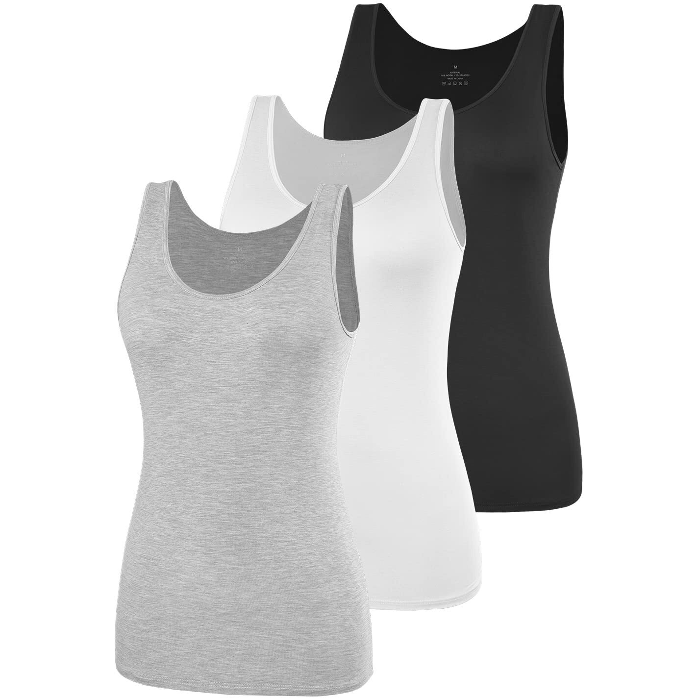 Amvelop Basic Womens Tank Tops 3 Pack Undershirts Black White Gray S