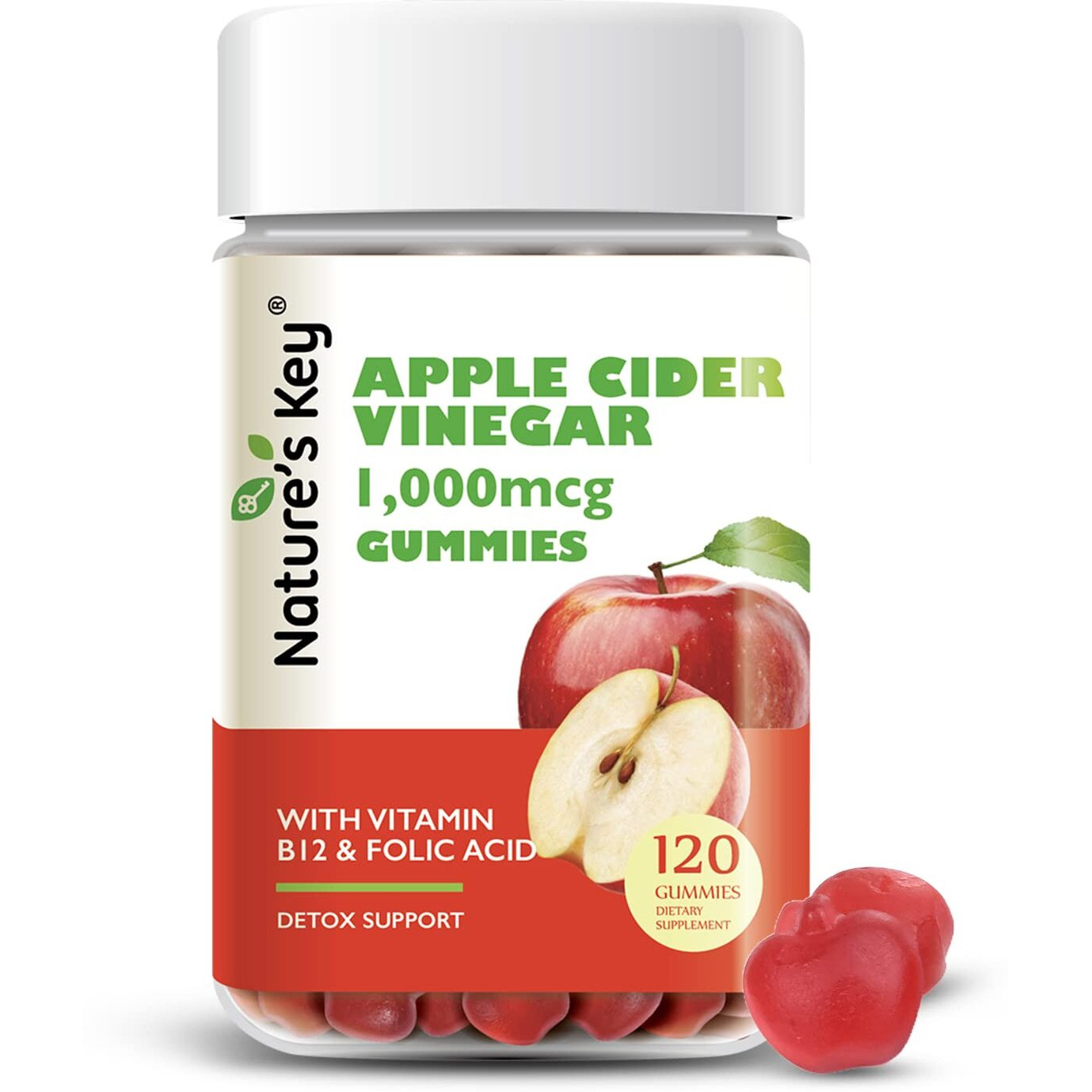 Natures Key Apple Cider Vinegar Gummies 120 Count Acv Gummy With Folic Vitamin B6 B12 Beetroot  Pomegranate - Vegan, Non-Gmo  Gluten-Free