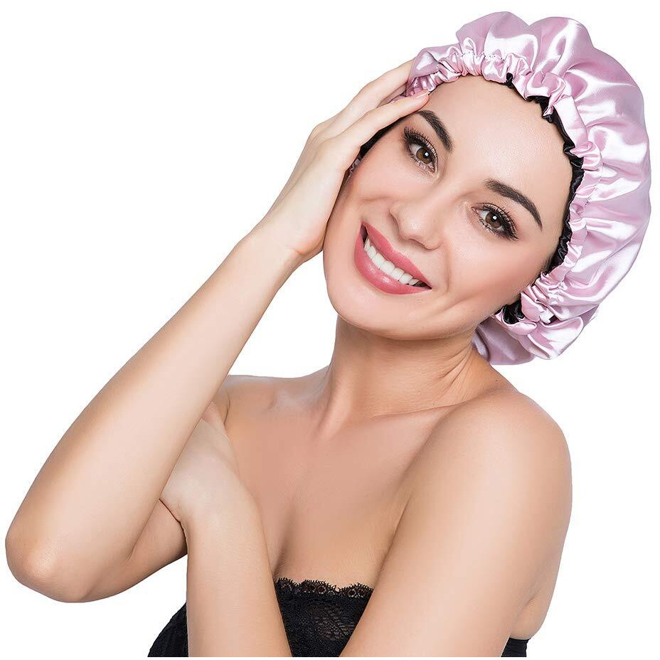 Elihair Stain Bonnet Silky Sleep Cap Adjustable Satin Cap For Night Sleeping Hair Bonnet Reversible Double Layer Light Purple/Black
