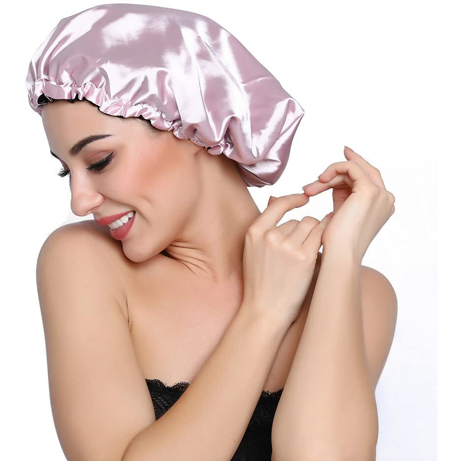 Elihair Stain Bonnet Silky Sleep Cap Adjustable Satin Cap For Night Sleeping Hair Bonnet Reversible Double Layer Light Purple/Black