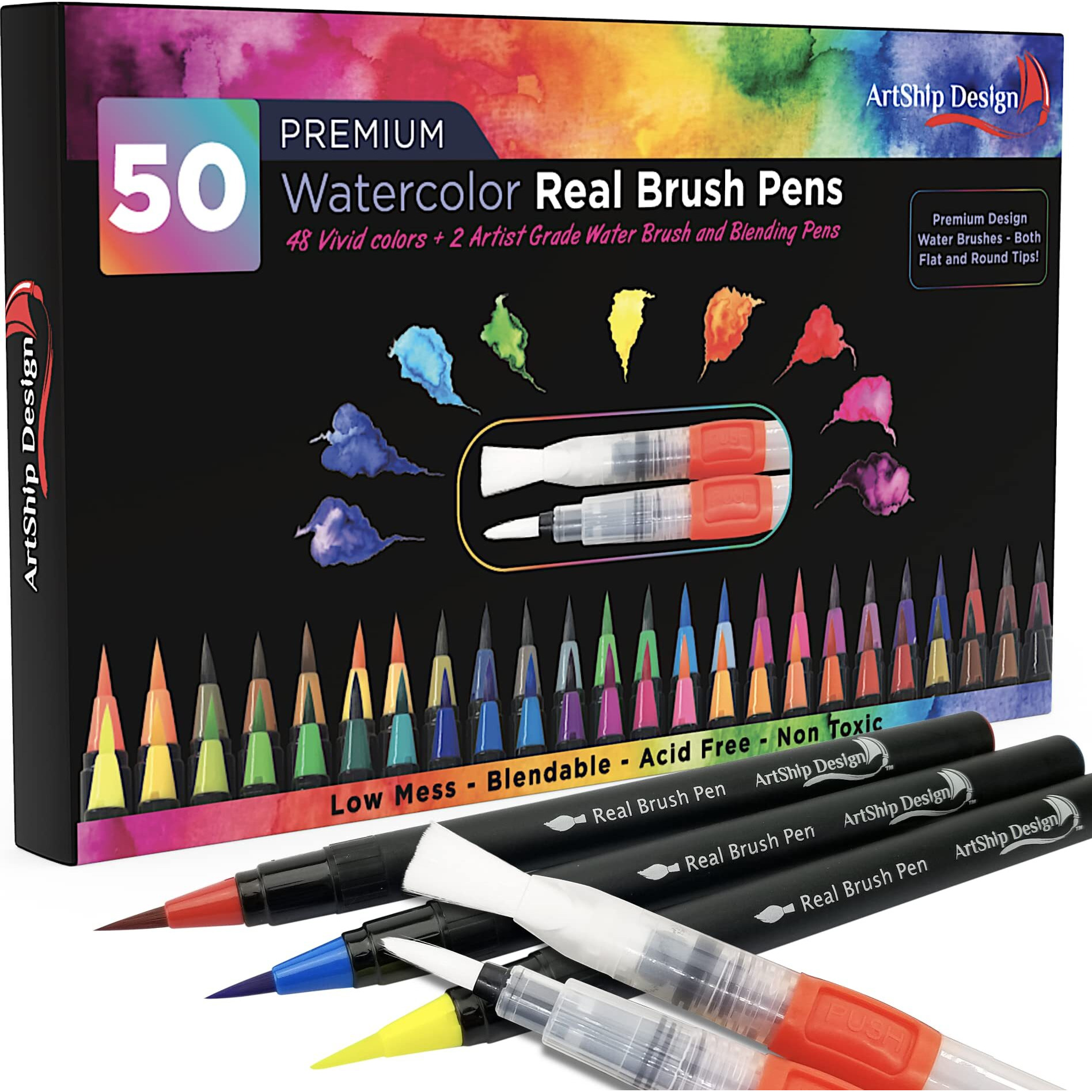 50 Bonus Pack Watercolor Brush Pens Combo Pack, 48 Colors 2 Water Brushes, Flexible Real Nylon Brush Tips, For Watercolor Painting Calligraphy Coloring, Beginner Or Artist, Portable, Low Mess