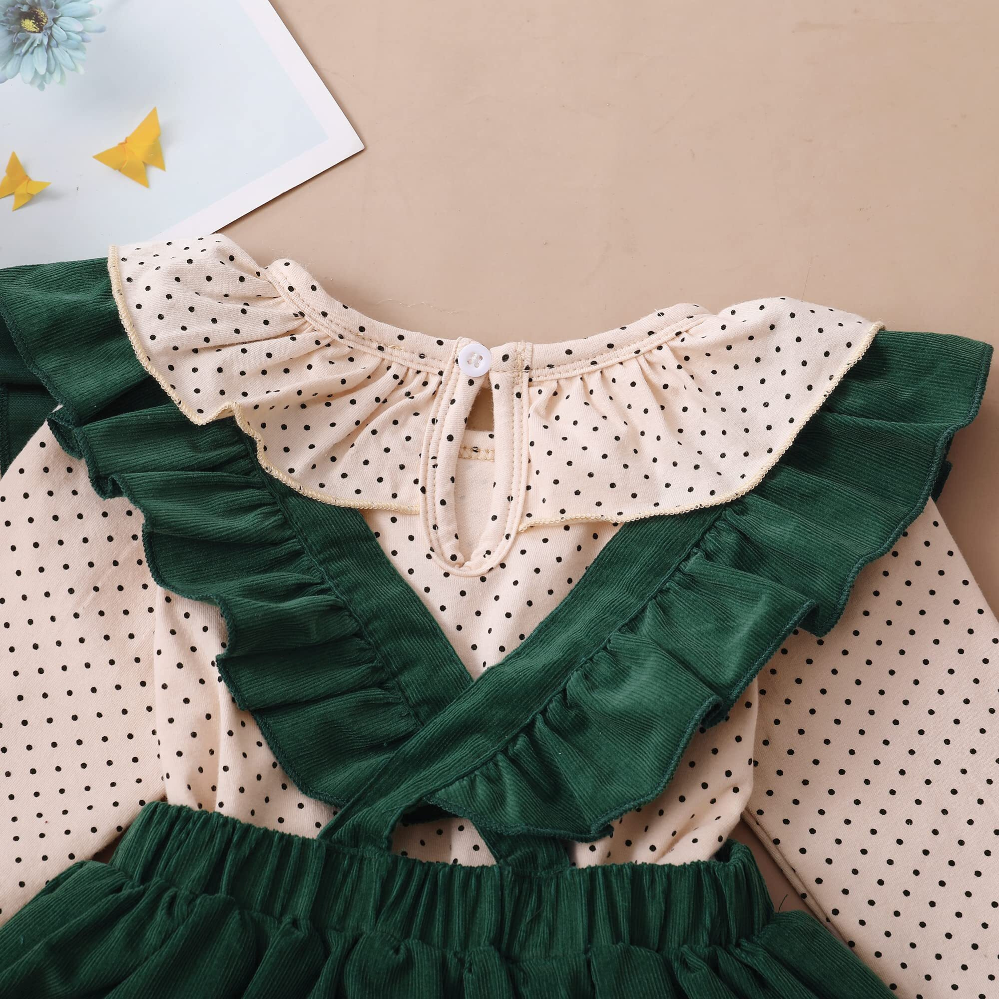 Kucnuzki 12-18 Months Girl Clothes Fall Outfit Baby Girl Green Swing Dress Jumpsuit Infant Girls Polka Dot Long Sleeve Romper One Pieces 1 Year Old Shirt