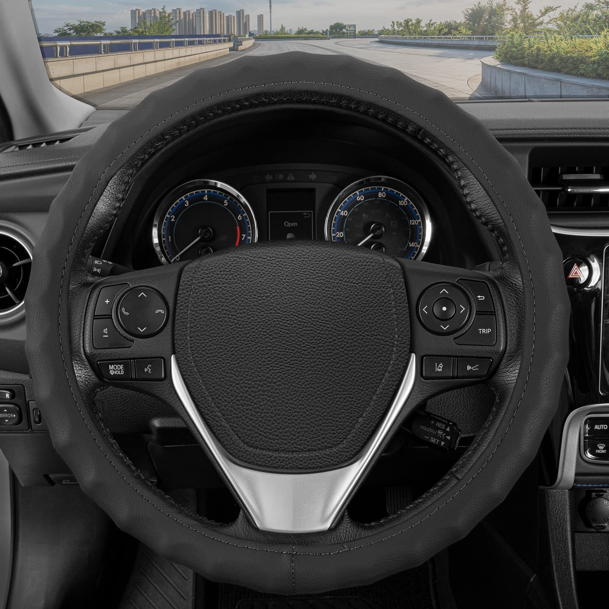 Bdk Genuine Black Leather Steering Wheel Cover For Car, Medium (14.5"" - 15.5"") - Ergonomic Comfort Grip For Men & Women, Car Steering Wheel Cover For Most Vehicles