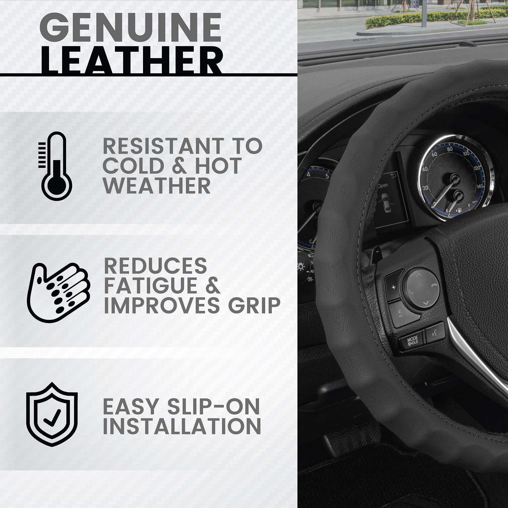 Bdk Genuine Black Leather Steering Wheel Cover For Car, Medium (14.5"" - 15.5"") - Ergonomic Comfort Grip For Men & Women, Car Steering Wheel Cover For Most Vehicles