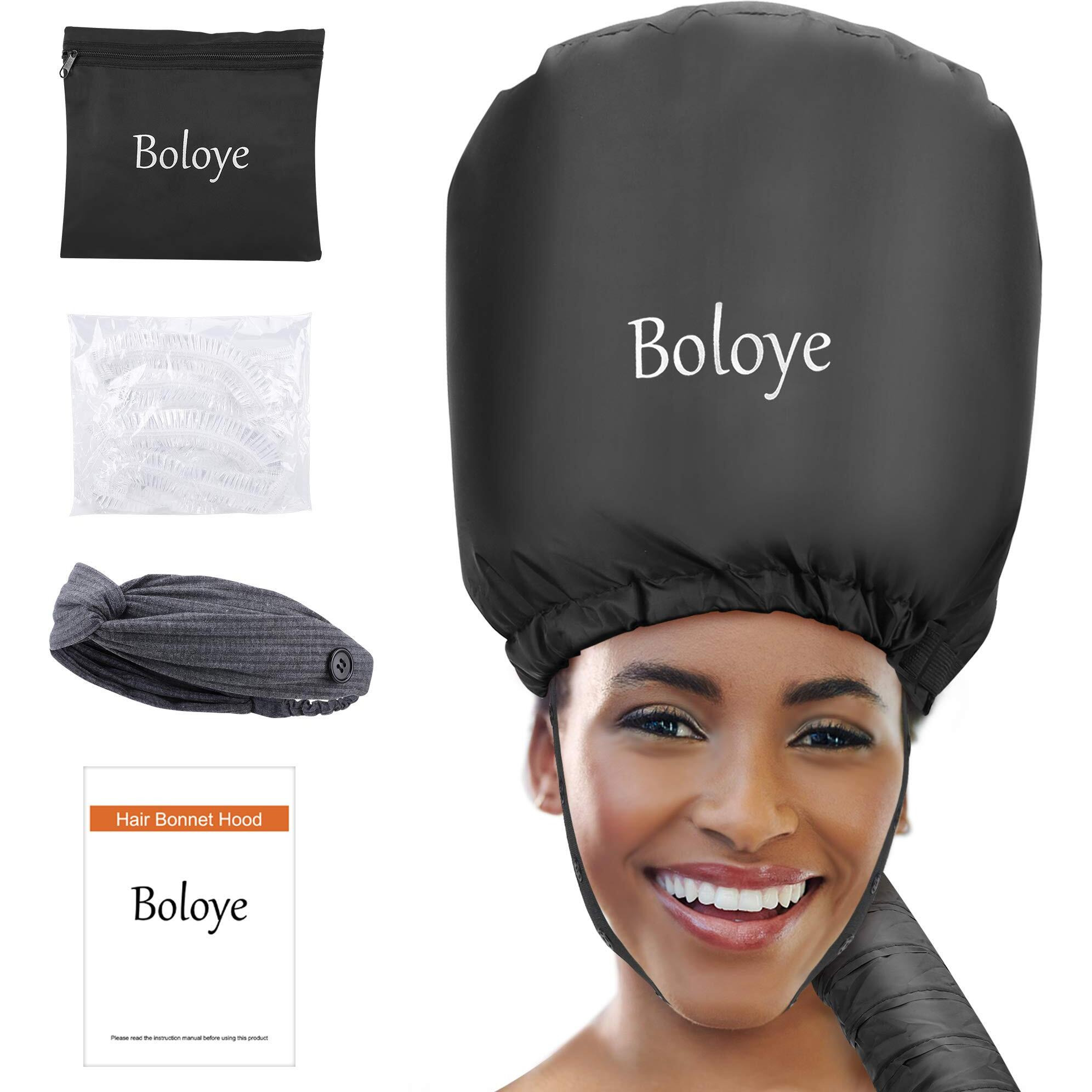 Bonnet Hair Dryer - Boloye Soft Bonnet Hood Hair Dryer Attachment With Heat Protector Headband To Reduces Heat Around Ears - Used For Curl, Hair Styling, Deep Conditioning And Hair Drying (Black)
