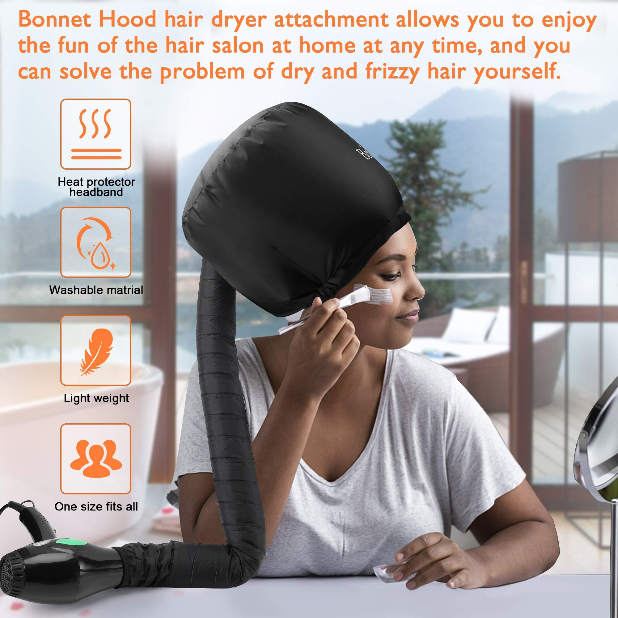 Bonnet Hair Dryer - Boloye Soft Bonnet Hood Hair Dryer Attachment With Heat Protector Headband To Reduces Heat Around Ears - Used For Curl, Hair Styling, Deep Conditioning And Hair Drying (Black)