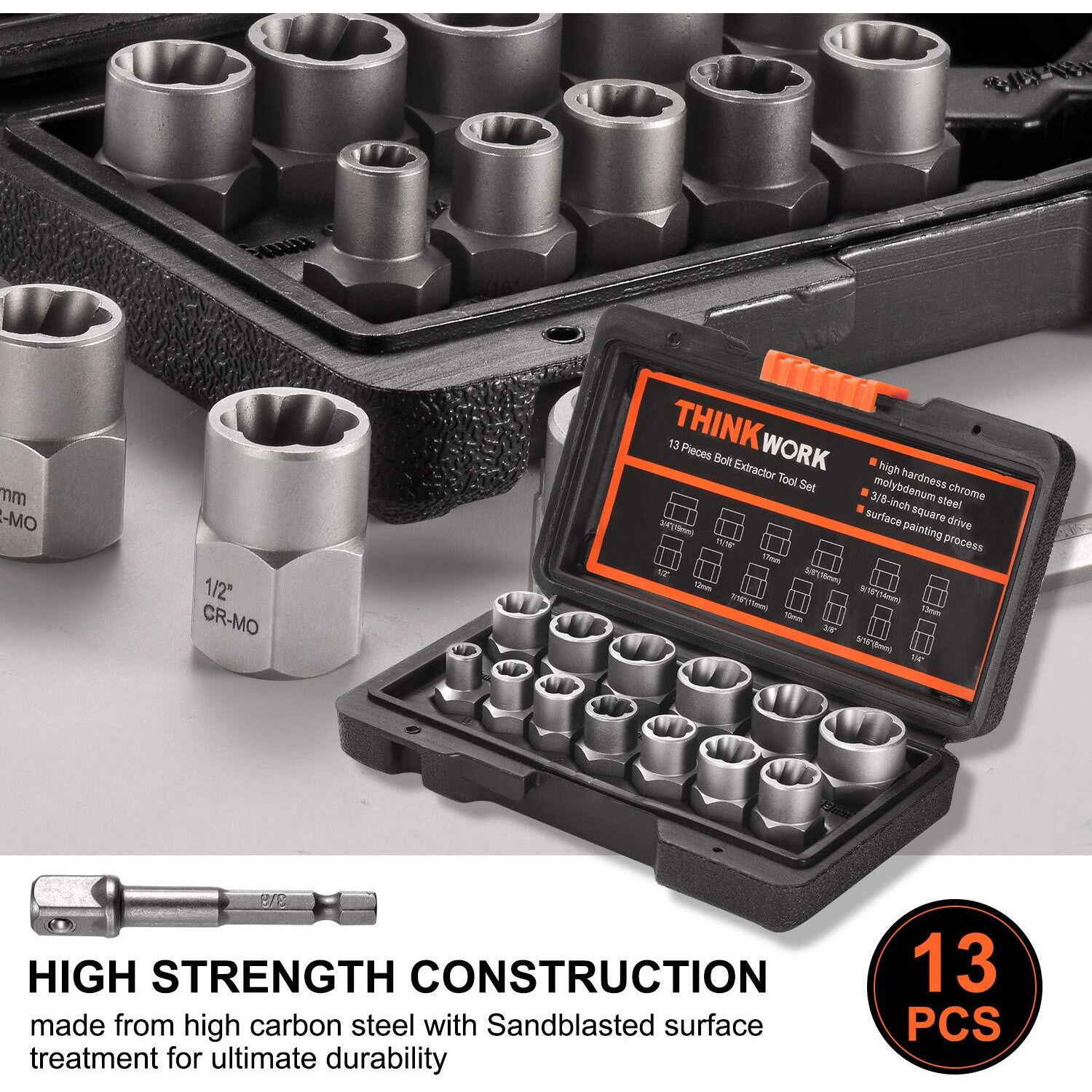 Thinkwork Bolt Extractor Set, 13+1 Pieces Impact Bolt & Nut Remover Set, Stripped Lug Nut Remover, Extraction Socket Set For Removing Damaged, Frozen, Rusted, Rounded-Off Bolts, Nuts & Screws