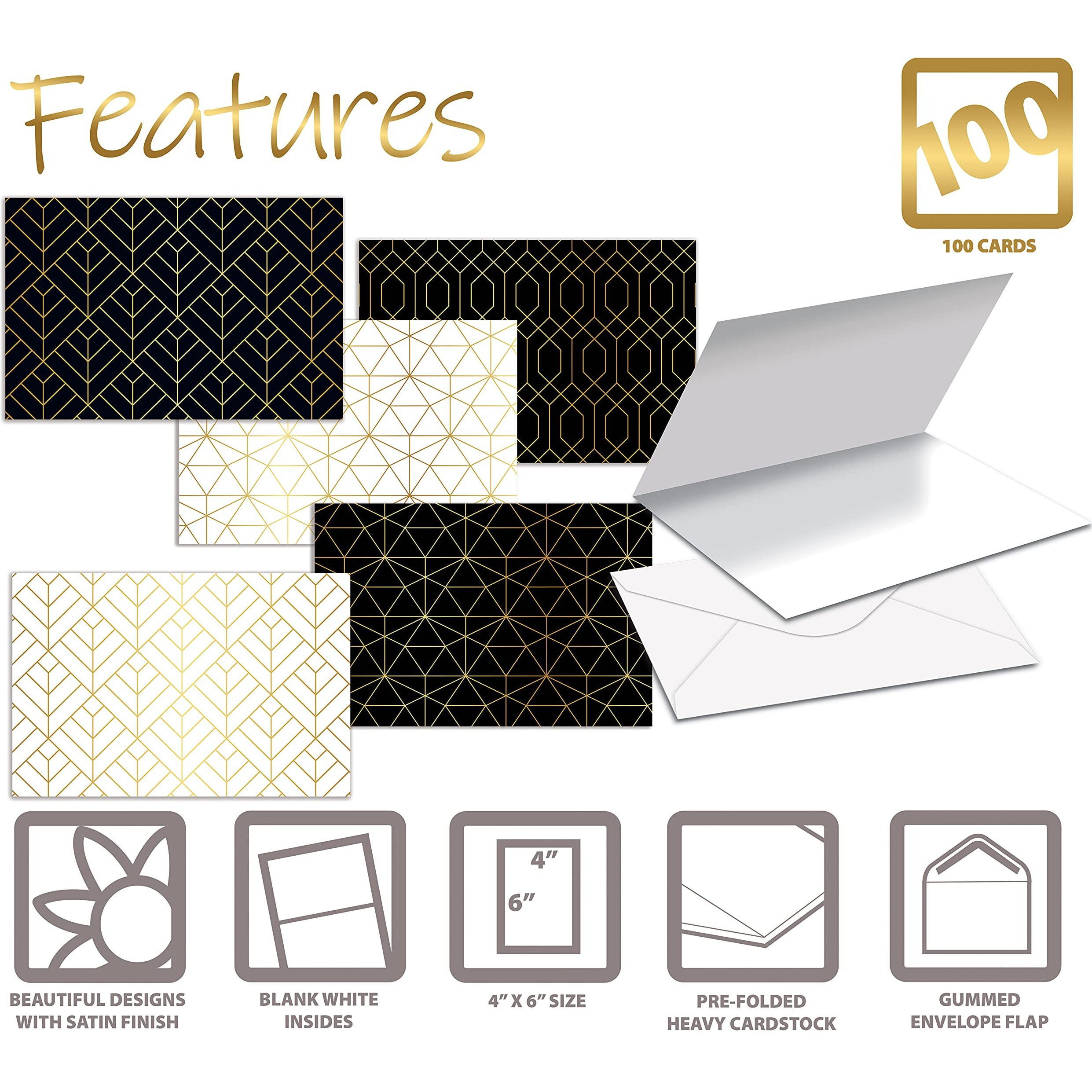 Better Office Products 100-Pack All Occasion Greeting Cards, Assorted Blank Note Cards, 4 X 6 Inch, 6 Elegant Gold Foil Geometric Designs, Blank Inside, With Envelopes, 100 Pack