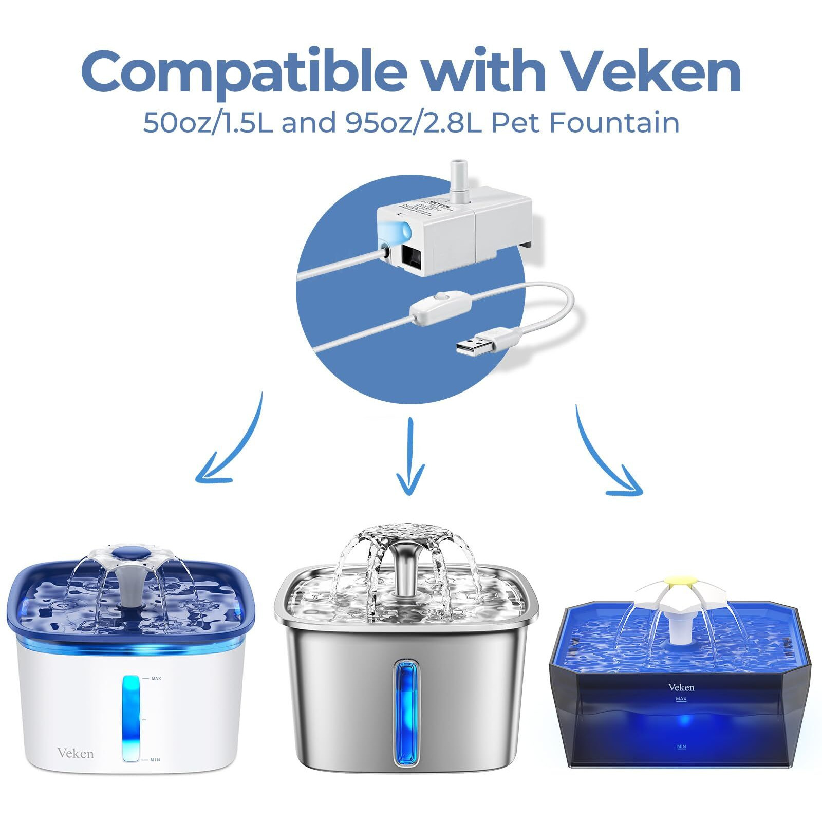 Veken Replacement Pump For 50Oz And 95Oz Pet Fountain Cat Water Fountain Dog Water Dispenser Ultra Quiet Long Lifespan Water Pump, Usb Cable, Led Lights