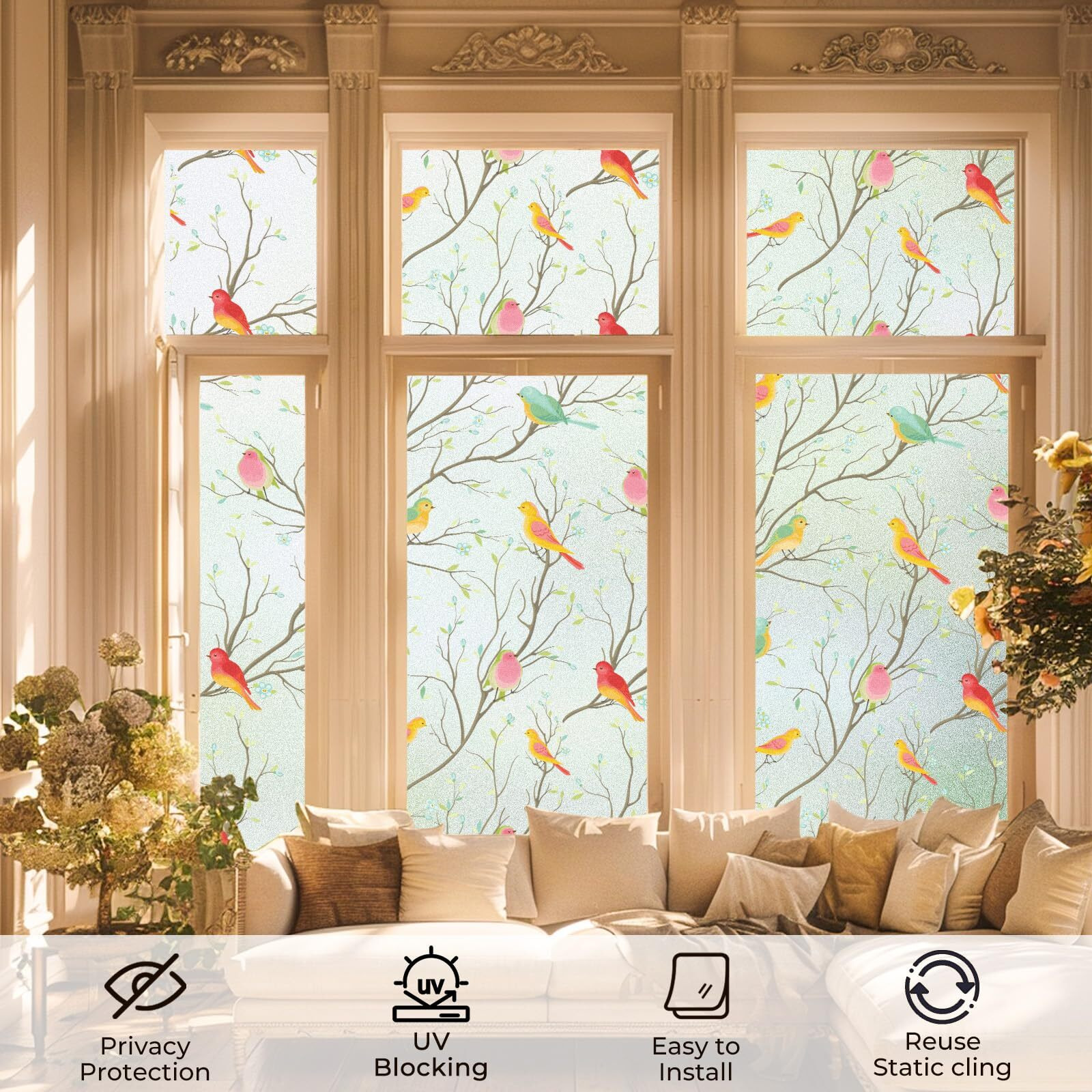 Coavas Stained Glass Window Film, Decorative Frosted Glass Window Privacy Film, Static Cling Non-Adhesive Window Sticker For Front Door Bathroom Heat Control Anti Uv,23 X 78.7 Inch