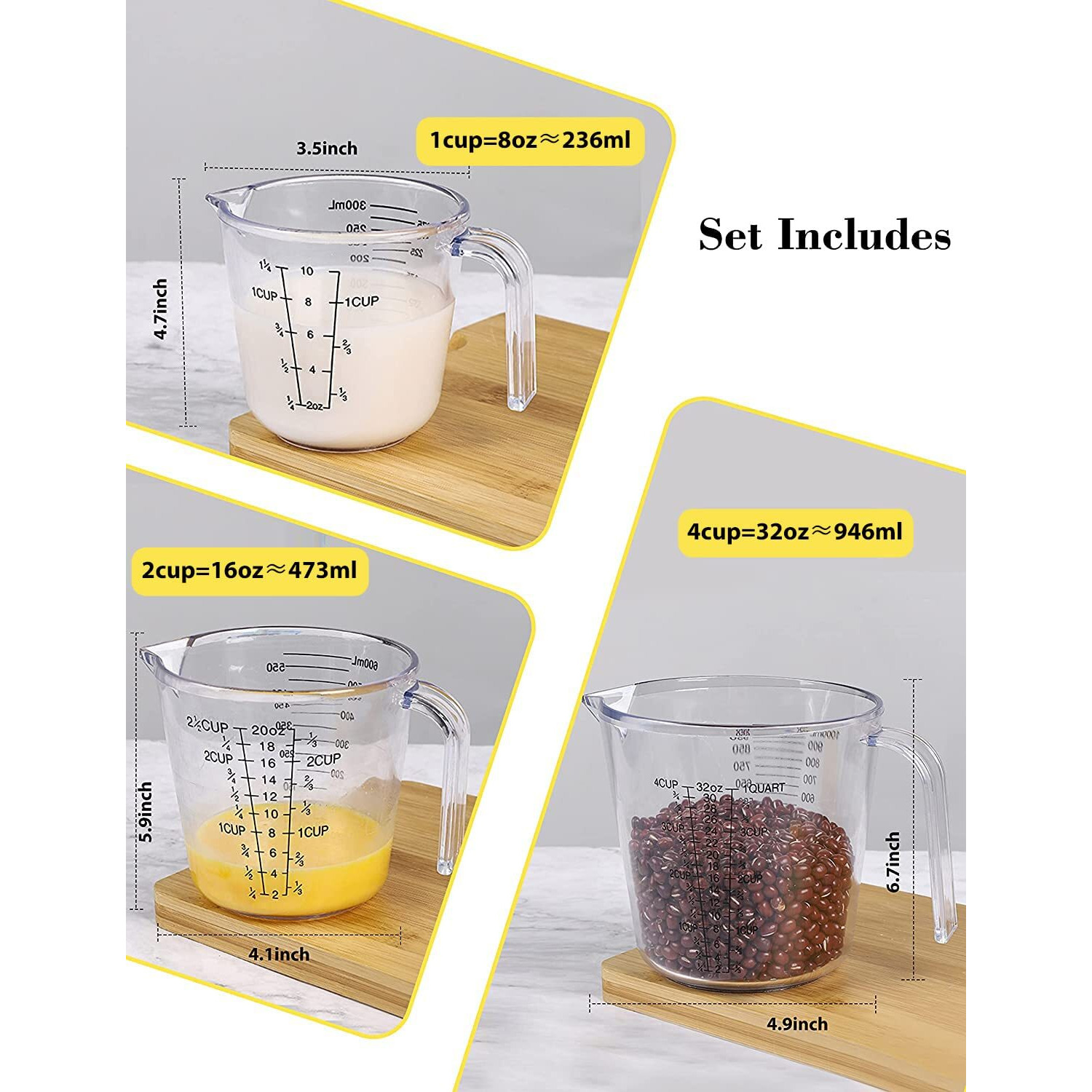 Measuring Cups Set, Liquid Measuring Cups For 3 For Kitchen - Bpa Free Plastic Set With Spout Multiple Measurement Scales (Clear)